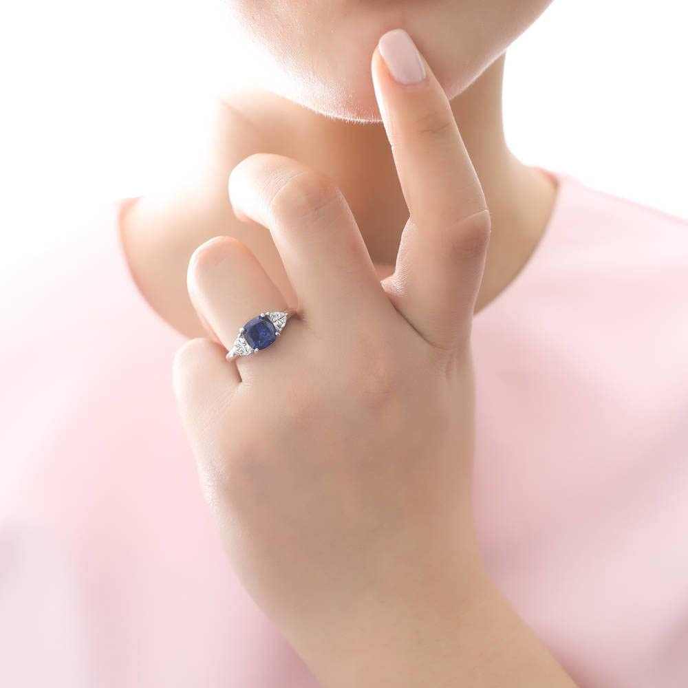 BERRICLE Sterling Silver 3-Stone Wedding & Engagement Ring Set - 3 Carat Simulated Blue Sapphire Cushion Cut Cubic Zirconia CZ Infinity Band for Women, Rhodium Plated Size 4-10 - Perfect for Proposals, Anniversaries & Bridal Jewelry