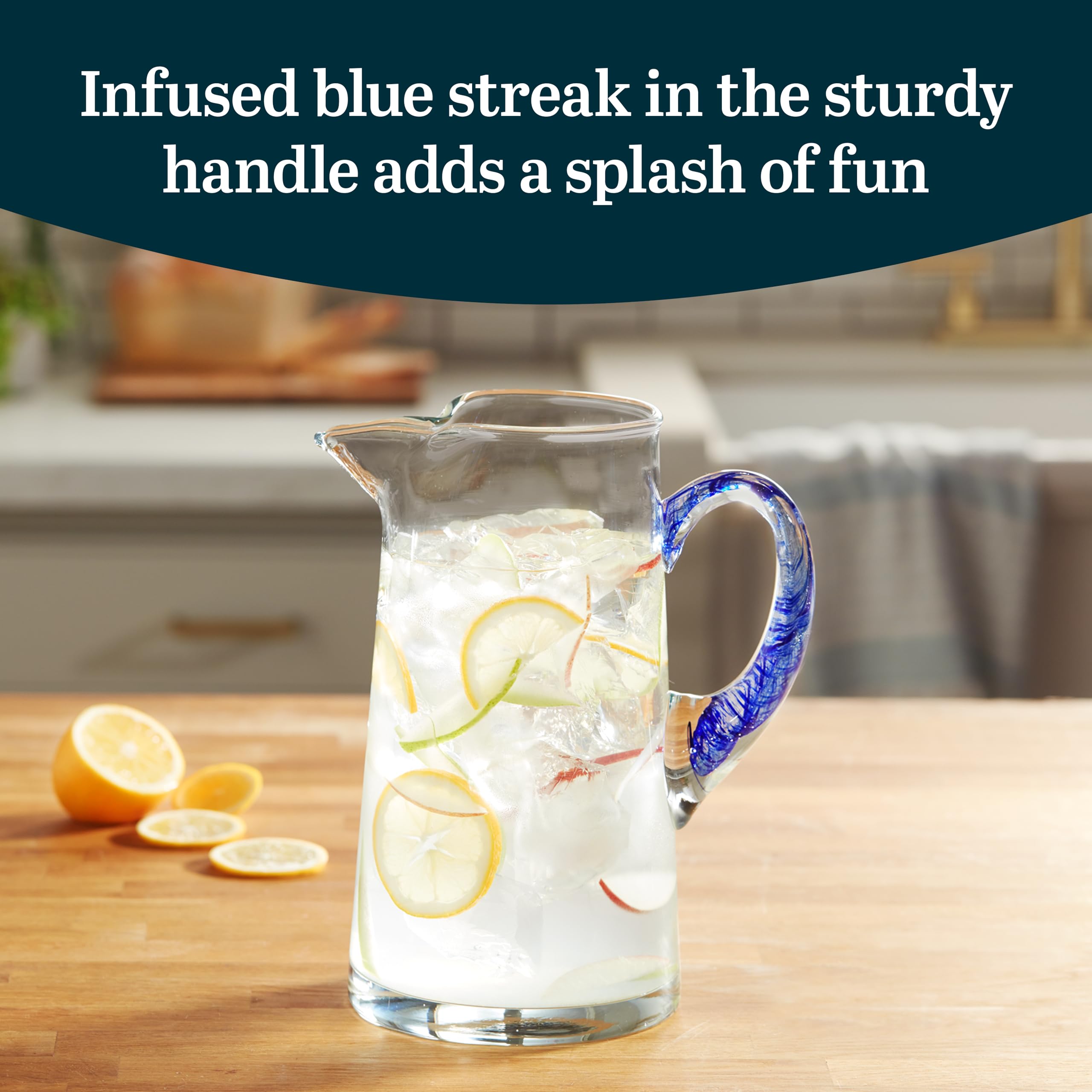 Libbey Cabos 90 Oz Large Glass Pitcher with Spout & Blue Handle - Handcrafted Artisan Water Carafe for Kitchen, Dining Table, Iced Tea & Lemonade Serving - BPA-Free Beverage Dispenser for Parties & Entertaining