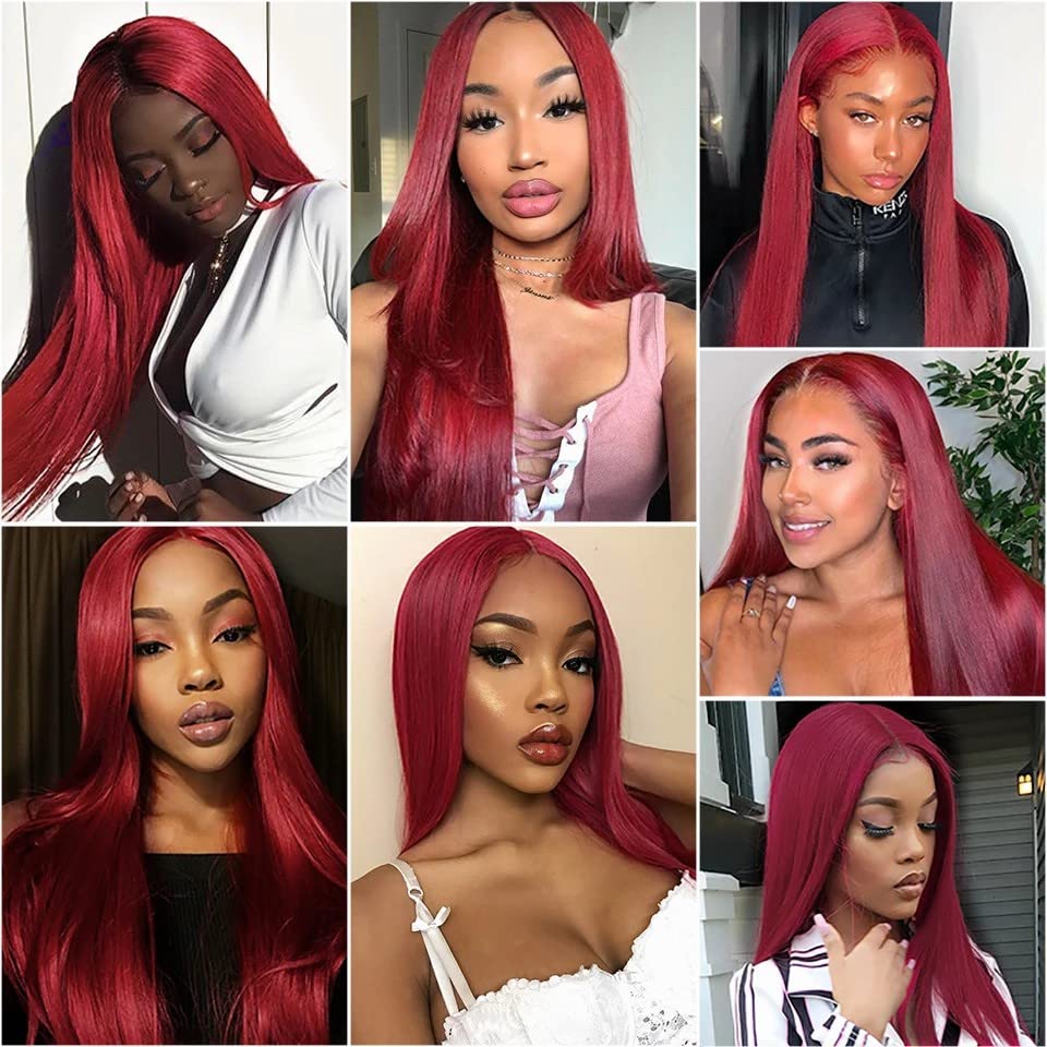 Qihang Long Red Lace Front Wig - 24 Inch Silk Straight Burgundy Synthetic Hair with 4x4 Lace - Heat Resistant for Women - Perfect for Parties, Cosplay & Daily Wear