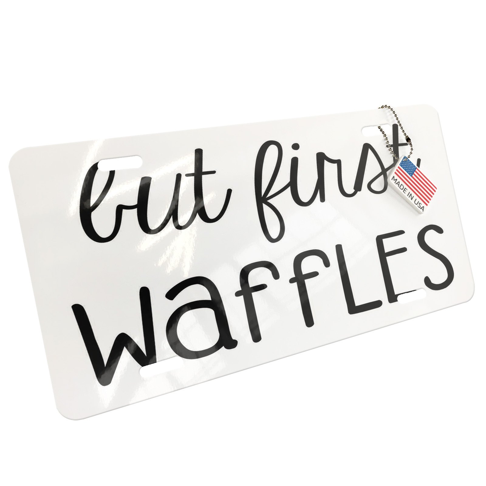 Funny Metal License Plate - 'But First Waffles' Novelty Car Accessory | Perfect for Coffee Lovers & Breakfast Enthusiasts | Great Gift for Waffle Fans