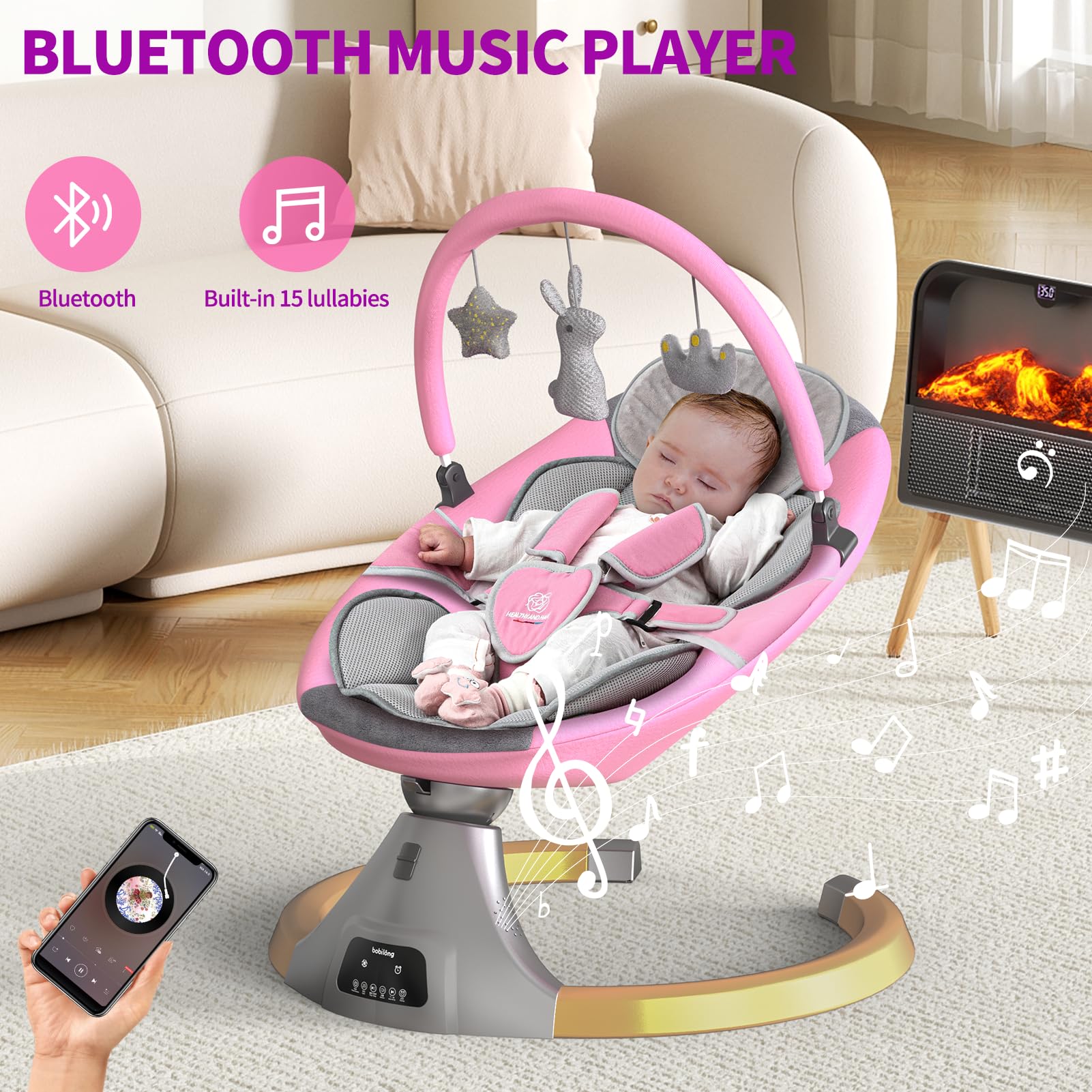 Electric Baby Swing for Infants & Newborns | Portable Rocker Bouncer with 12 Lullabies, 5 Speed Settings | Includes Fitness Rack & Mosquito Net | Perfect for Nursery, Daycare, and Travel Use