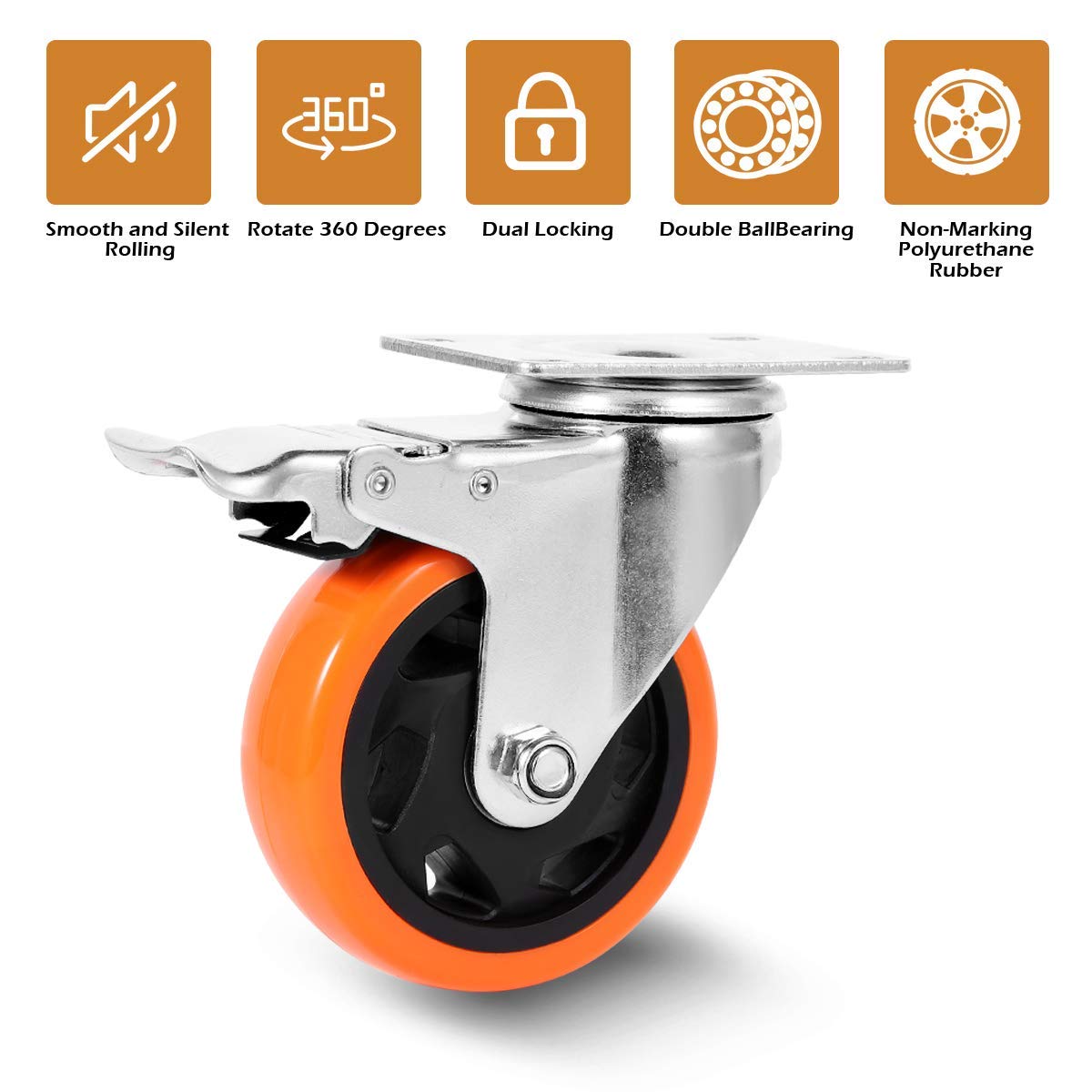 Heavy Duty 4 Inch Swivel Casters with Brake - Set of 4, 1200 lbs Capacity, Dual Locking Plate Castors, Quiet Wheels for Furniture, Workbench, Carts - Includes Nuts, Bolts & 2 Wrenches - Perfect for Home, Office, Warehouse and Industrial Use