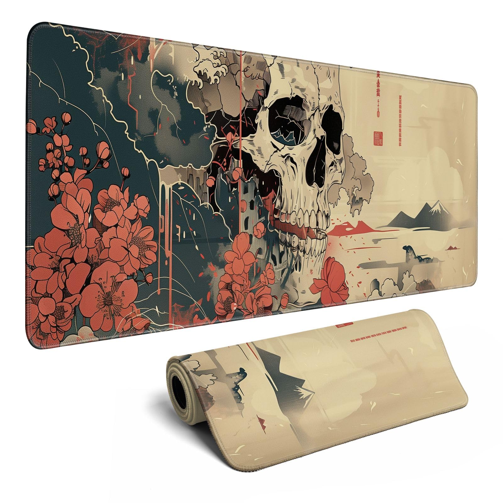 Japanese Ukiyo-e Skull Design XL Gaming Mouse Pad - Non-Slip Large Desk Mat with Stitched Edges (31.5x11.8 in) - Perfect for Anime Fans, PC Gamers & Office Workstations
