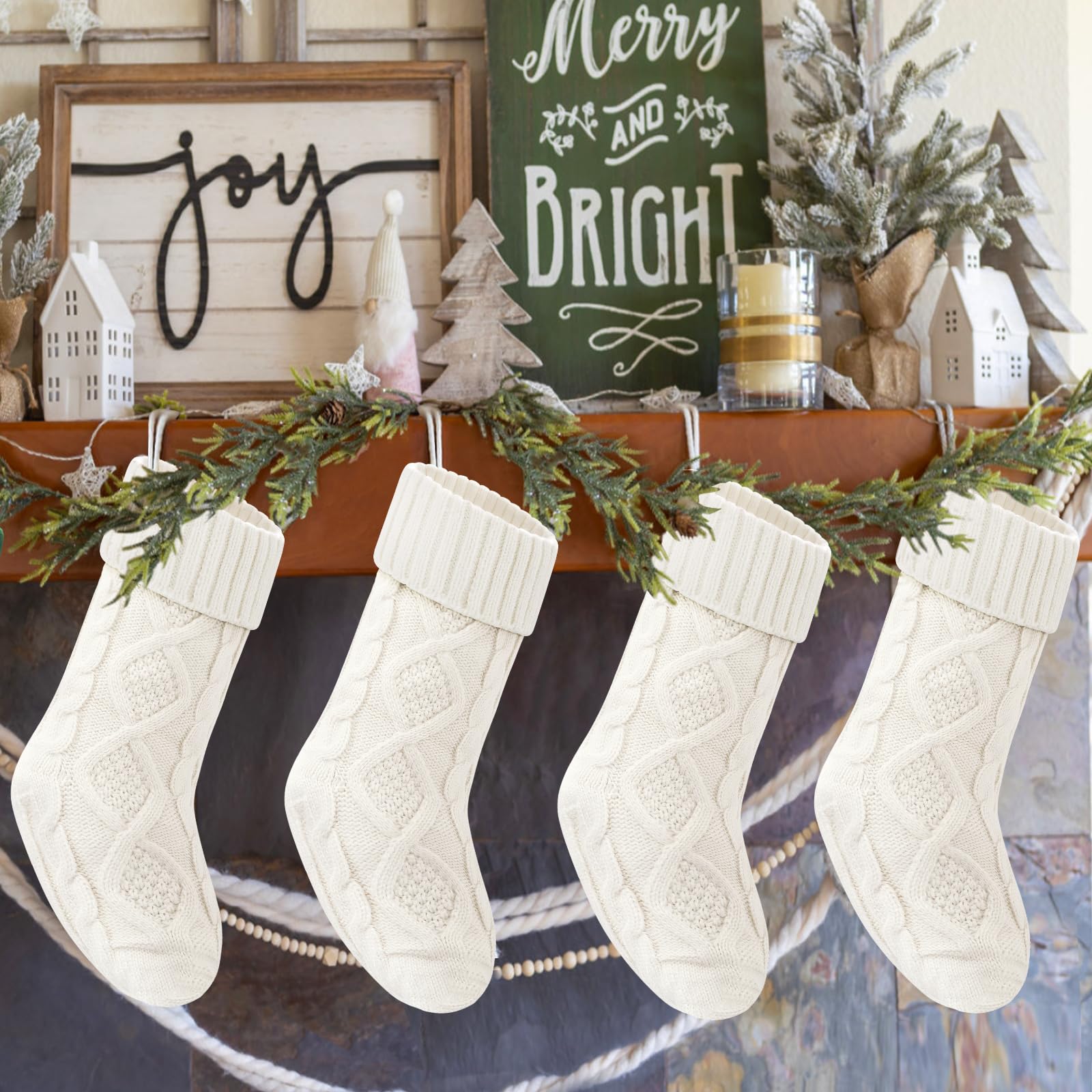 VIBILIA Christmas Stockings 4 Pack - 18 Inch Large Knitted Xmas Stockings for Fireplace Decor, Holiday Party, Gift Exchange & Festive Home Decor (White)