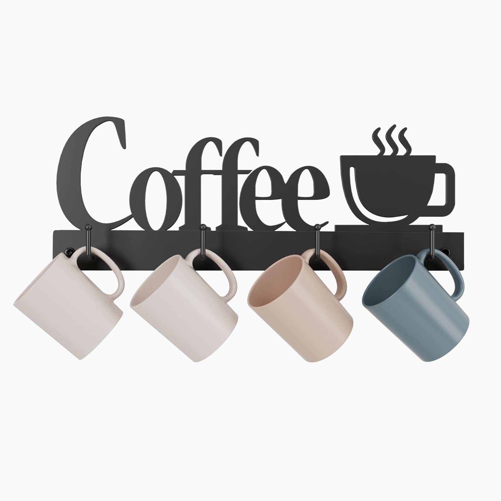 Rustproof Wall-Mounted Coffee Cup Holder with 4 Heavy-Duty Hooks - Includes Metal Coffee Sign & Cup-Shaped Logo - Perfect Kitchen & Office Decor for Coffee Bar Accessories & Tea Cup Organization