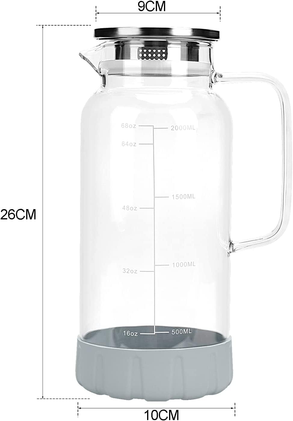 68oz/2000ml Glass Pitcher with Lid & Measurement Markings - Large Tea & Water Jug with Non-Slip Coaster - Perfect for Iced Tea, Lemonade, Infused Water & Kitchen Serving