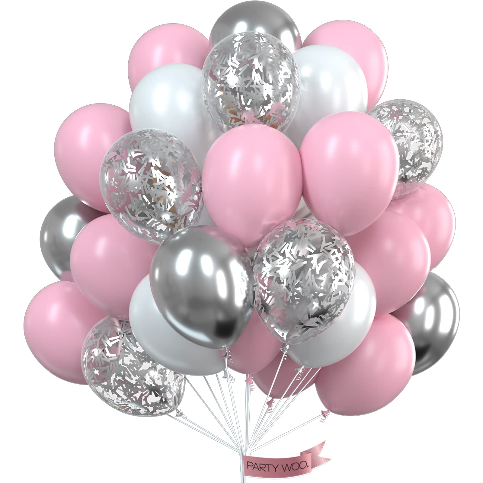PartyWoo 60-Pack Pink & White Balloons Set with Silver Metallic & Confetti - Latex Balloons for Birthday Party Decorations, Baby Showers, Bridal Showers & Anniversary Celebrations