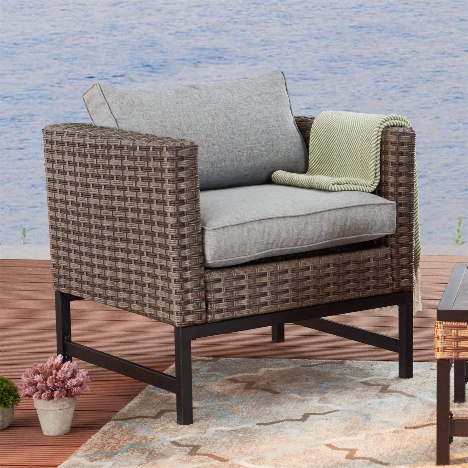 PatioFestival Wicker Outdoor Chair - Rattan Armchair with Removable Cushions for Patio, Garden, Balcony & Poolside - Comfortable Dining Furniture for Relaxing Outdoors