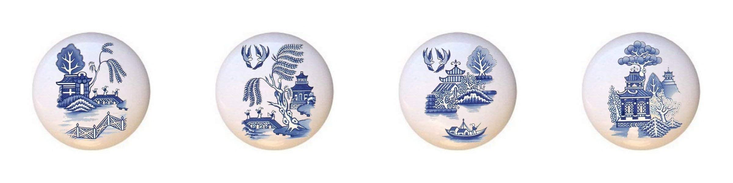 Vintage Blue Willow Ceramic Cabinet Knobs - Set of 4, Glossy Decorative Drawer Pulls for Kitchen Cabinets & Dressers - Perfect for Farmhouse, Cottage & Shabby Chic Home Decor
