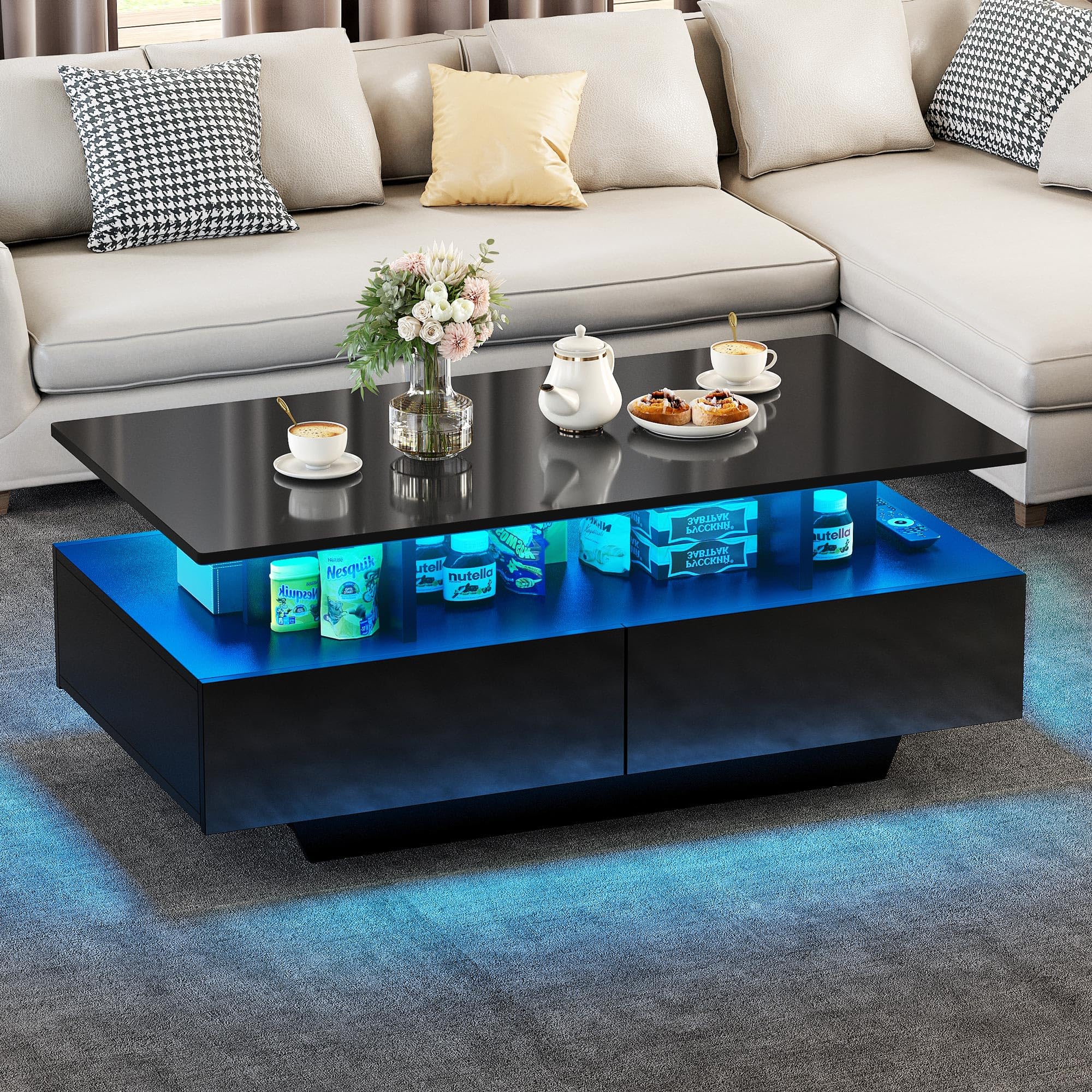 YITAHOME Modern LED Coffee Table with Storage - High Glossy Living Room Center Table with Open Display Shelf & Sliding Drawers - Black End Table for Small Spaces - Perfect for Entertaining, Movie Nights & Cozy Home Decor