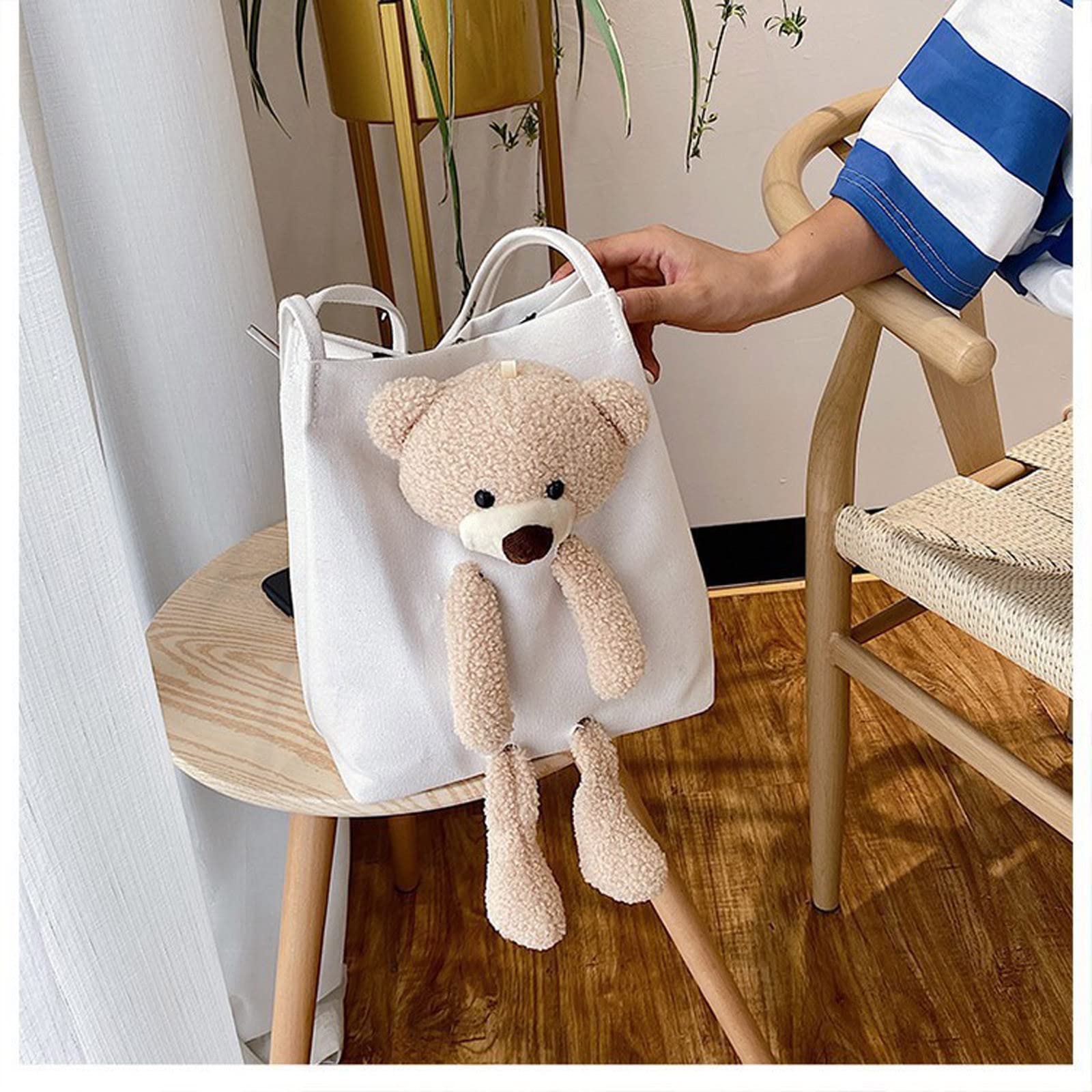 Reyiza Cute Bear Handbag for Women - Minimalist Canvas Shoulder Bag with High Capacity, Pure White Color - Perfect for Daily Essentials, Work, School & Casual Outings