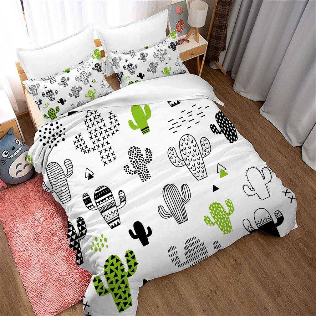 Cactus Duvet Cover Set - Full Size White & Green Plant Pattern Bedding | Soft Microfiber 3-Piece Kids Bedding Collection for Summer | Perfect for Kids' Rooms, Guest Bedrooms & Boho Home Decor