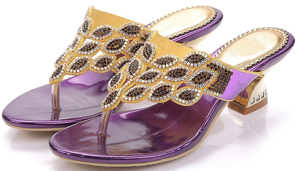 YooPrettyz Women's Summer Rhinestone Thong Sandals - Gold Glitter Chunky Low Heel Comfortable Beach Sandals for Vacation, Party, and Casual Outings