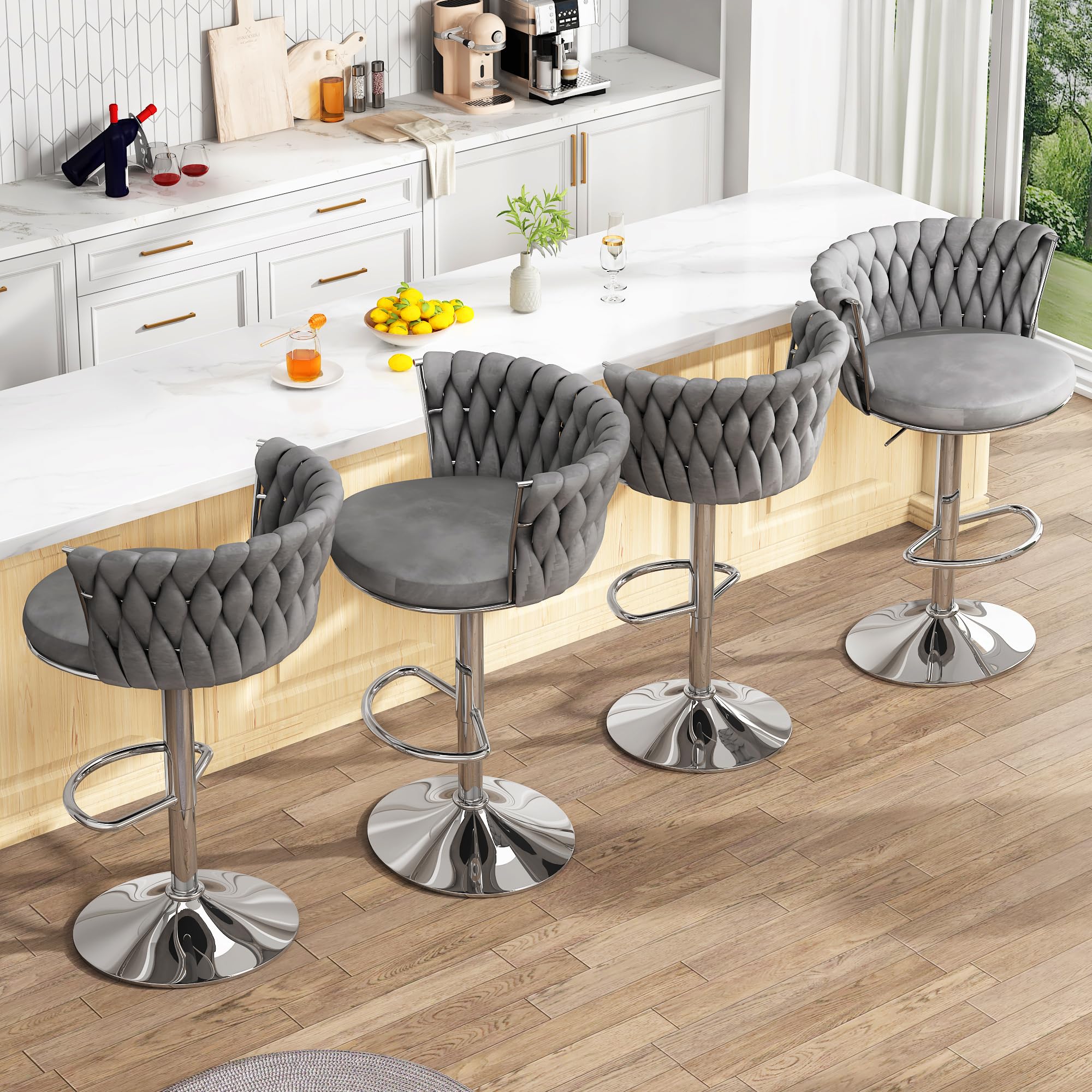AWQM Velvet Bar Stool Set of 2 - Adjustable Height Swivel Kitchen Island Chairs with Back Support & Footrest, Soft Upholstered Counter Stools for Dining Room, Bar or Home Decor (Grey) - Perfect for Breakfast Nooks, Kitchen Islands and Entertaining Guests