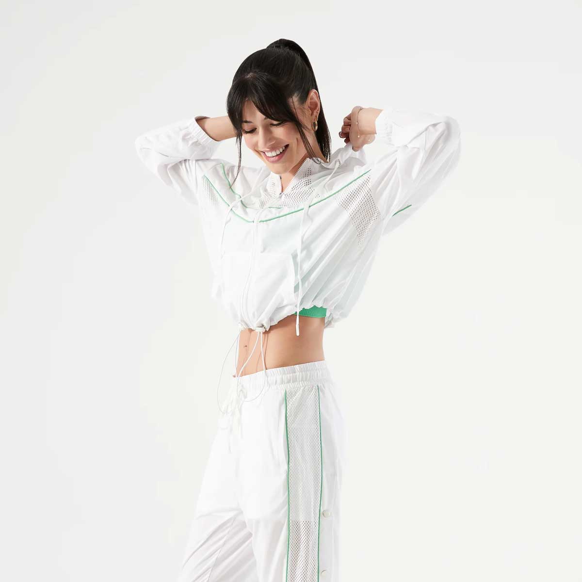 NUX Active Women's Martina Warm Up Jacket - White & Green | Lightweight Running Hoodie for Yoga, Gym & Outdoor Workouts