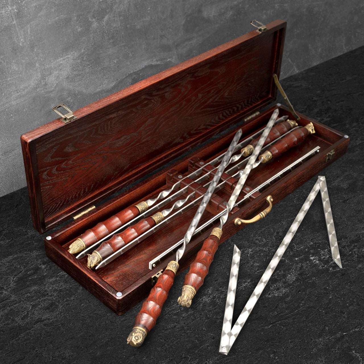 Premium Viking Skewers Set - 8-Piece Stainless Steel BBQ Skewers with Wooden Storage Case - Perfect for Grilling, Camping & Outdoor Cooking Parties