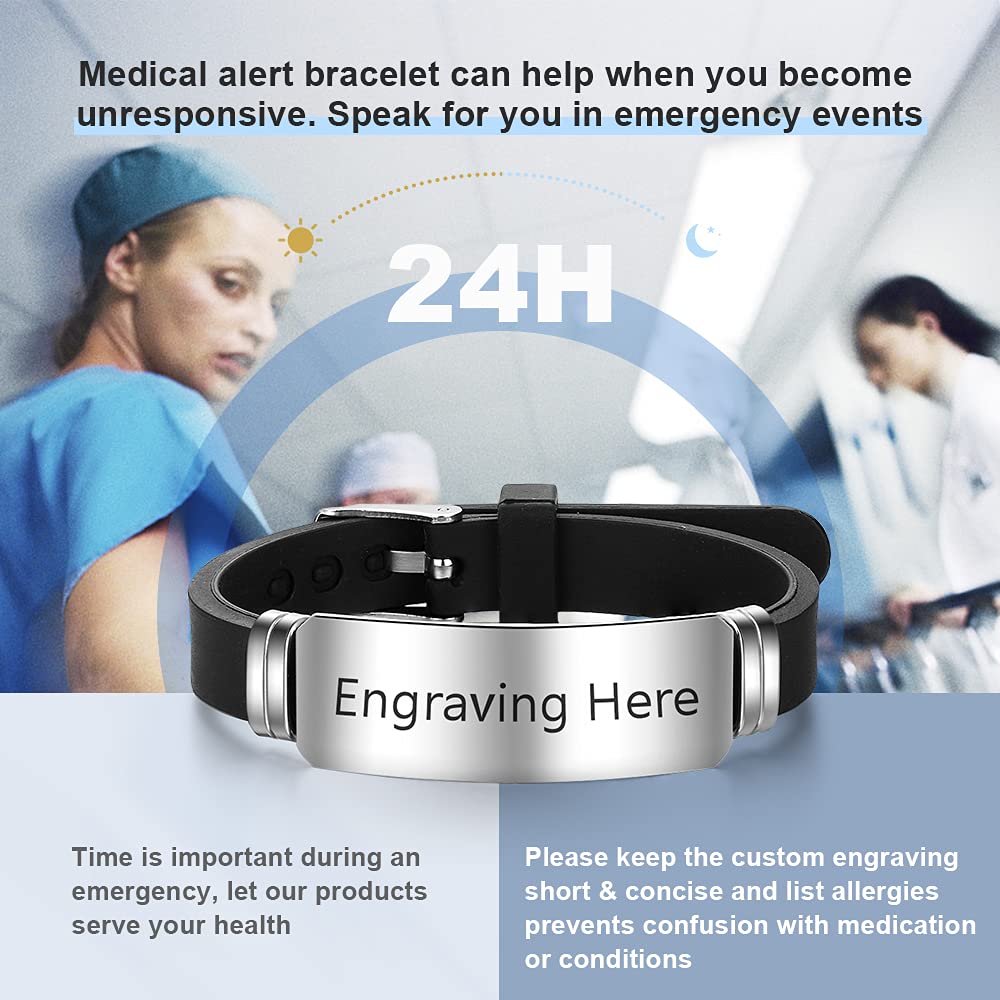 Personalized Silicone Medical Alert Bracelet - Adjustable 9 Inch Waterproof Emergency ID Bracelet for Men & Women with Engraving | Ideal for Sports, Travel & Daily Safety