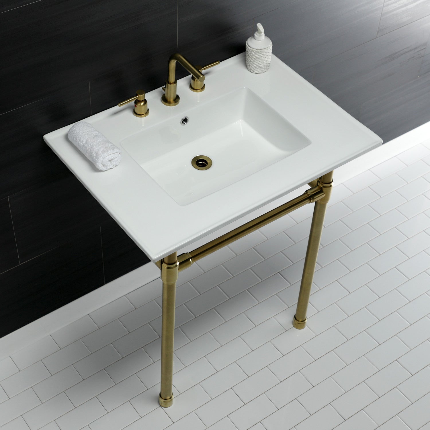 Dreyfuss 31 Inch White Ceramic Farmhouse Bathroom Sink with Stainless Steel Legs - 8 Inch, 3 Hole Faucet Mount - Perfect for Modern Farmhouse, Rustic & Vintage Style Bathrooms