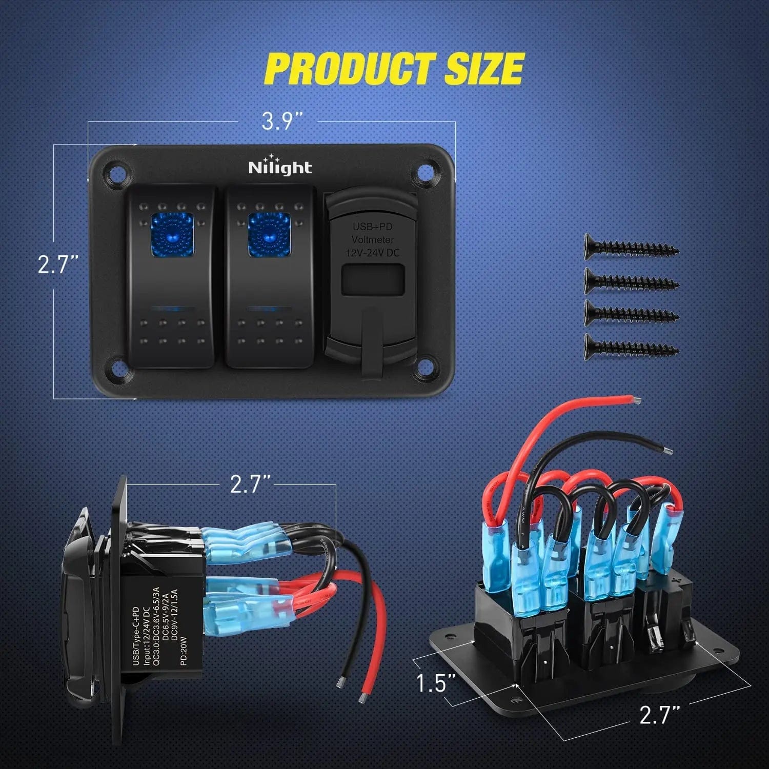 2 Gang Blue Rocker Switch Panel with PD Type C & USB Charger Voltmeter - Perfect for Marine, RV, and Automotive Electrical Systems