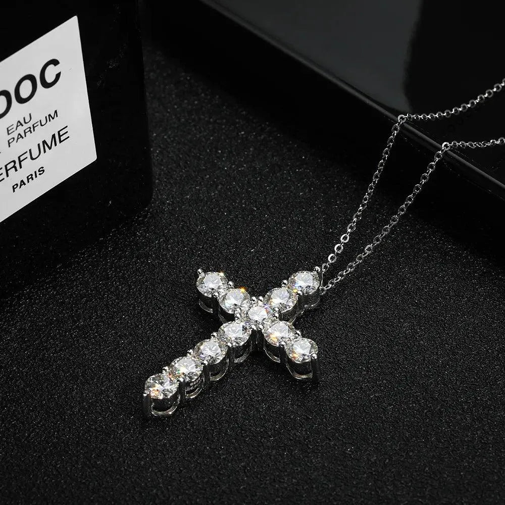 KNOBSPIN Genuine Moissanite Cross Pendant Necklace - 925 Sterling Silver Chain with 18K White Gold Plating | Elegant Women's Jewelry for Church, Weddings & Special Occasions
