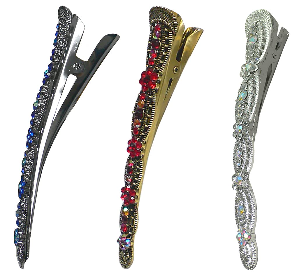 3 Pack JCGY Alligator Hair Clips with U-Shaped Underclip for Thin Hair - Bridal Duckbill Hair Clips with Strong Hold (Blue, Red, Crystal) - Perfect for Weddings, Prom, and Everyday Styling