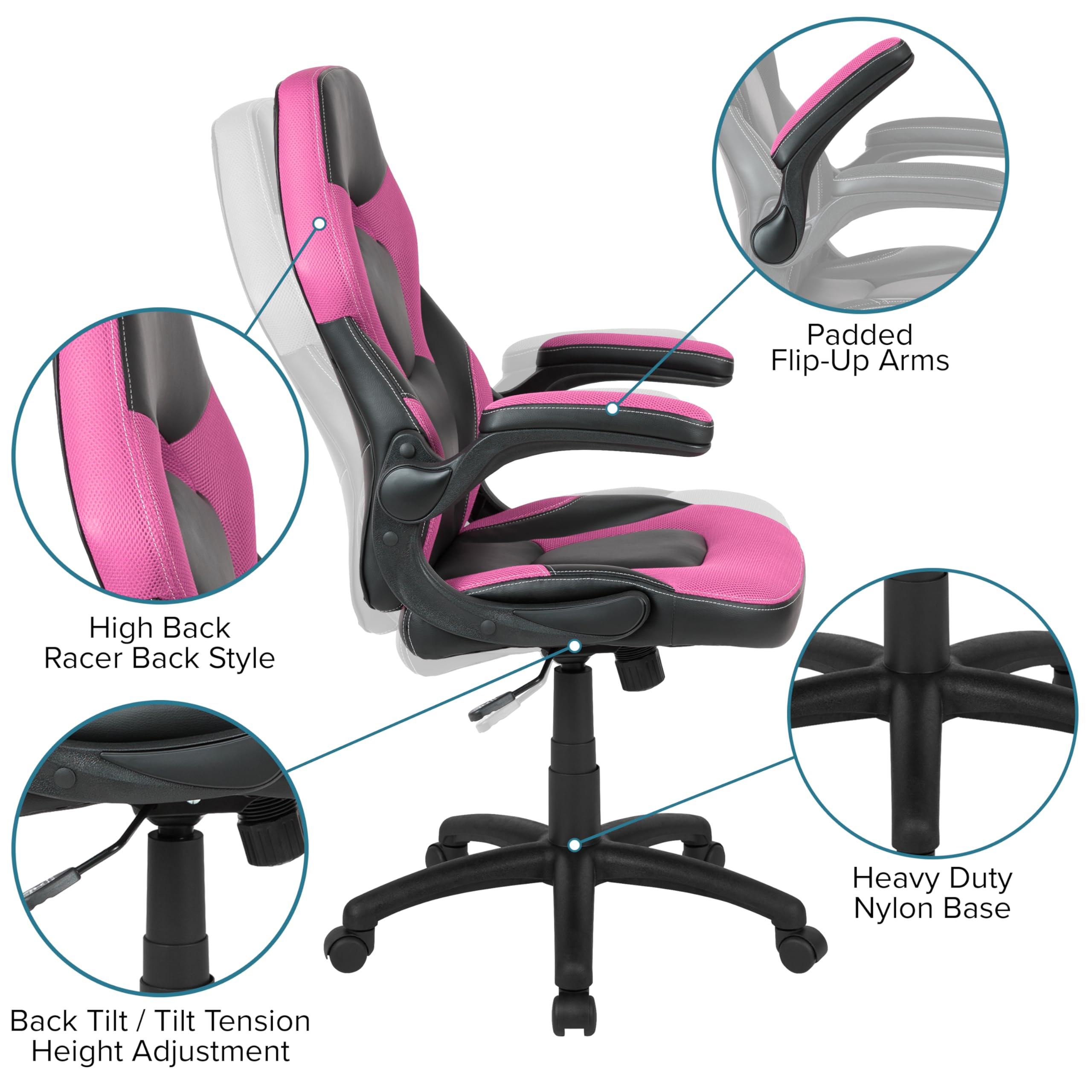 Flash Furniture Gaming Desk with Pink/Black Racing Chair Set - Includes Cup Holder, Headphone Hook & Removable Mouse Pad - 2 Cable Management Holes - Perfect for Esports, Streaming & Home Office Setup