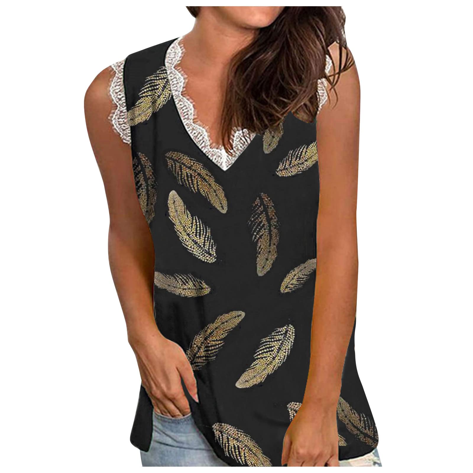 Women's Summer Casual Lace Trim Sleeveless V-Neck Tank Top - Floral Graphic Print Loose Fit Comfortable Blouse for Beach, Vacation & Everyday Wear