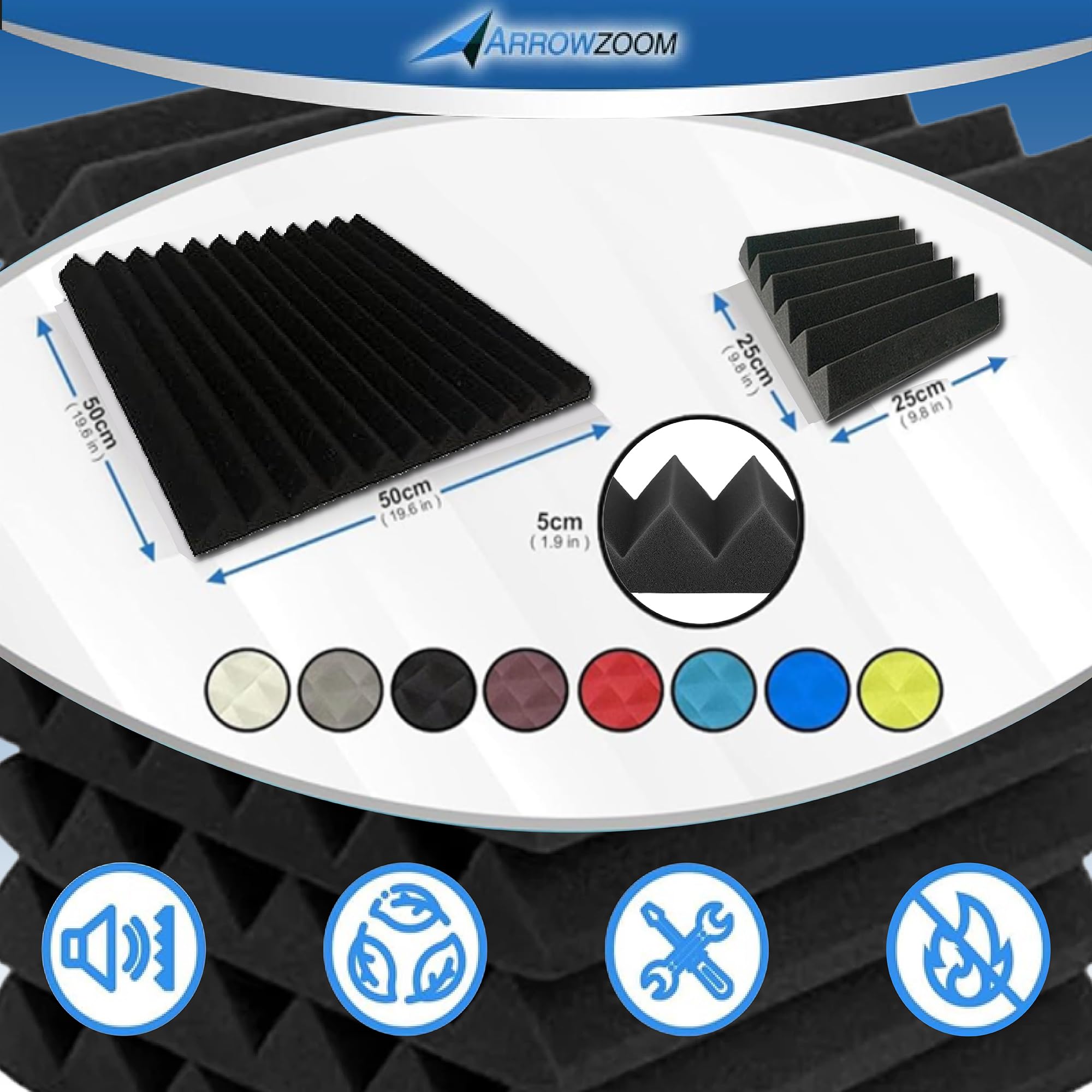 24-Pack Super Dash 50x50x5cm Black & Blue Acoustic Foam Panels - Studio Soundproofing Wedge Tiles for Home & Professional Recording Studios (DD1134) - Perfect for Vocal Booths, Podcast Rooms & Home Theaters