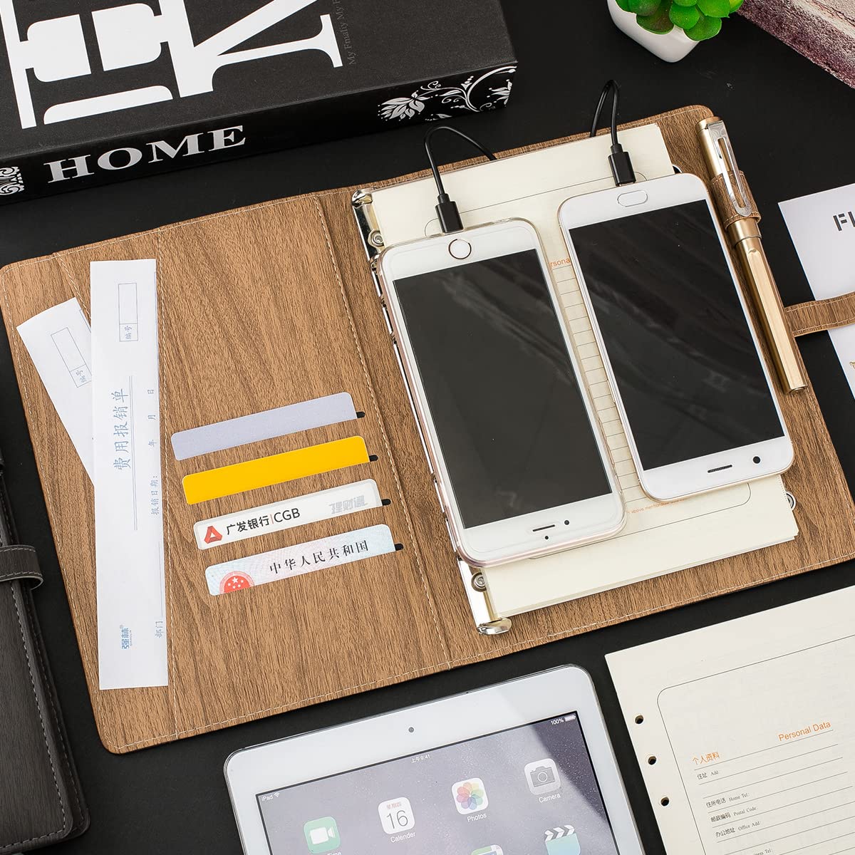 Premium Leather A5 Binder with 8000mAh Power Bank - 6-Ring Planner Notebook Organizer with Document Sleeve, Card Holder & Pencil Loop - Compatible with A5 Filler Paper (Wood Grain) - Perfect for Business Meetings, College Students & Office Professionals