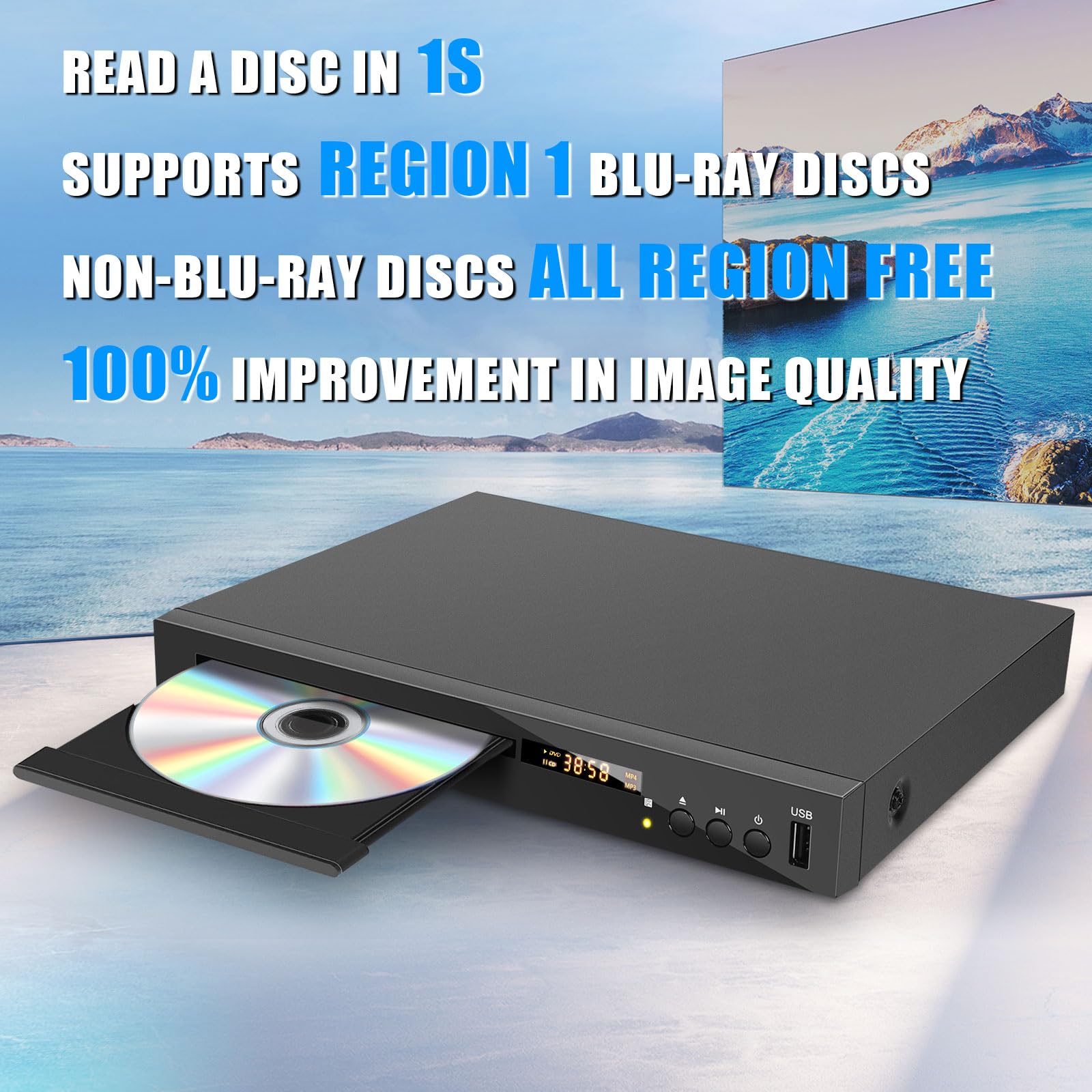 HD Blu Ray Player - Region A/1 Blu-ray & All Region DVD Player with HDMI/AV/Coaxial Output, USB Port - PAL/NTSC Compatible for Home Theater & Movie Nights