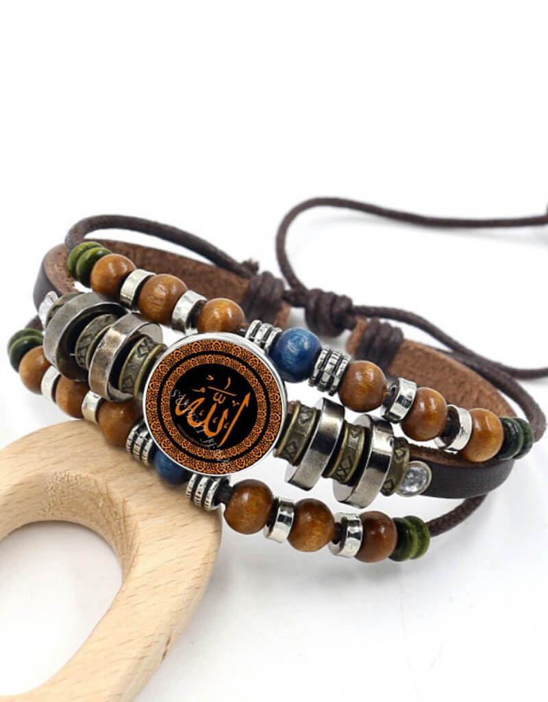 Allah Beads Leather Bracelet with Glass Cabochon - Islamic Prayer Jewelry for Men & Women - Perfect for Daily Wear, Religious Occasions and Gift Giving
