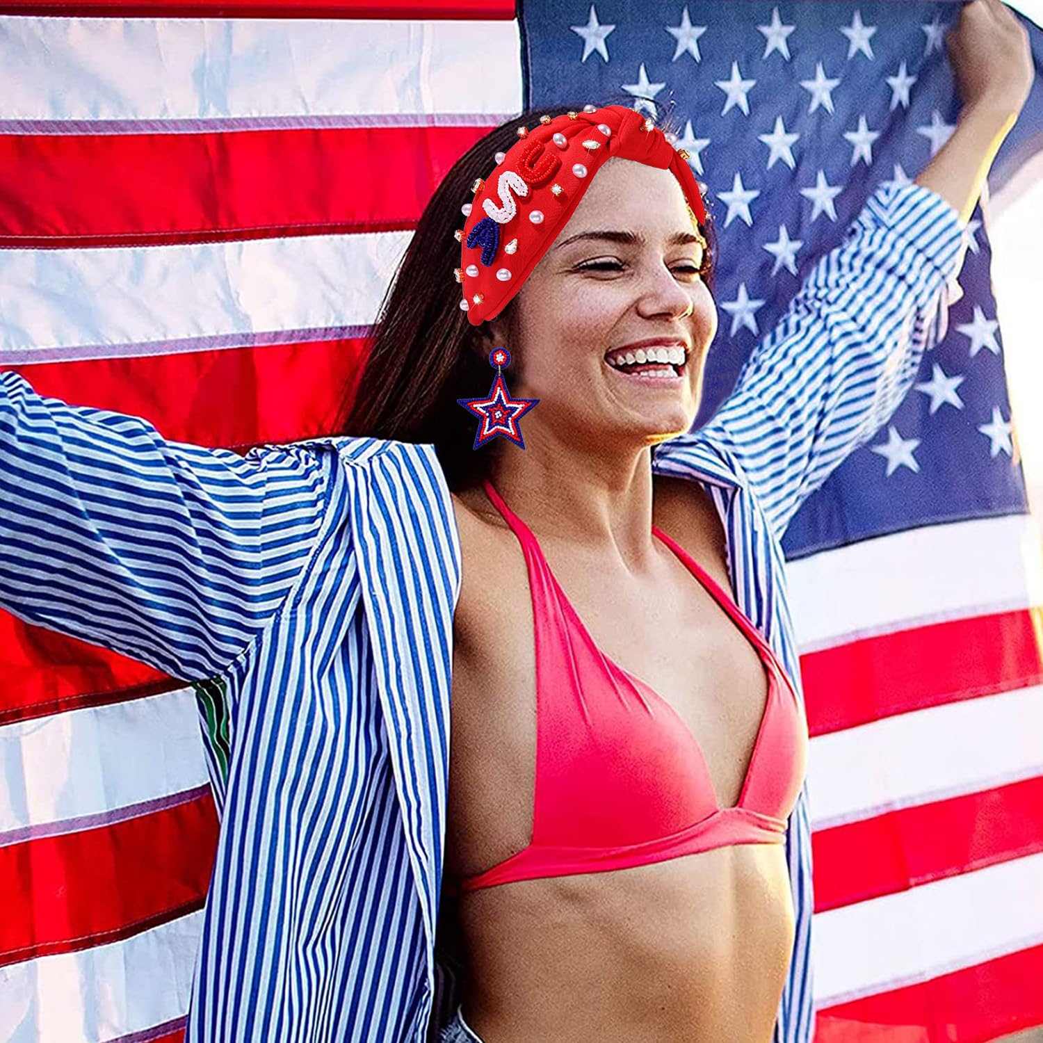 Elegant Crystal Pearl Knotted Headbands - Patriotic Hair Accessories for Women | American Flag Themed Outfits for Independence Day & Memorial Day | Perfect for 4th of July Celebrations, Summer Parties & Patriotic Events (USA-Red)