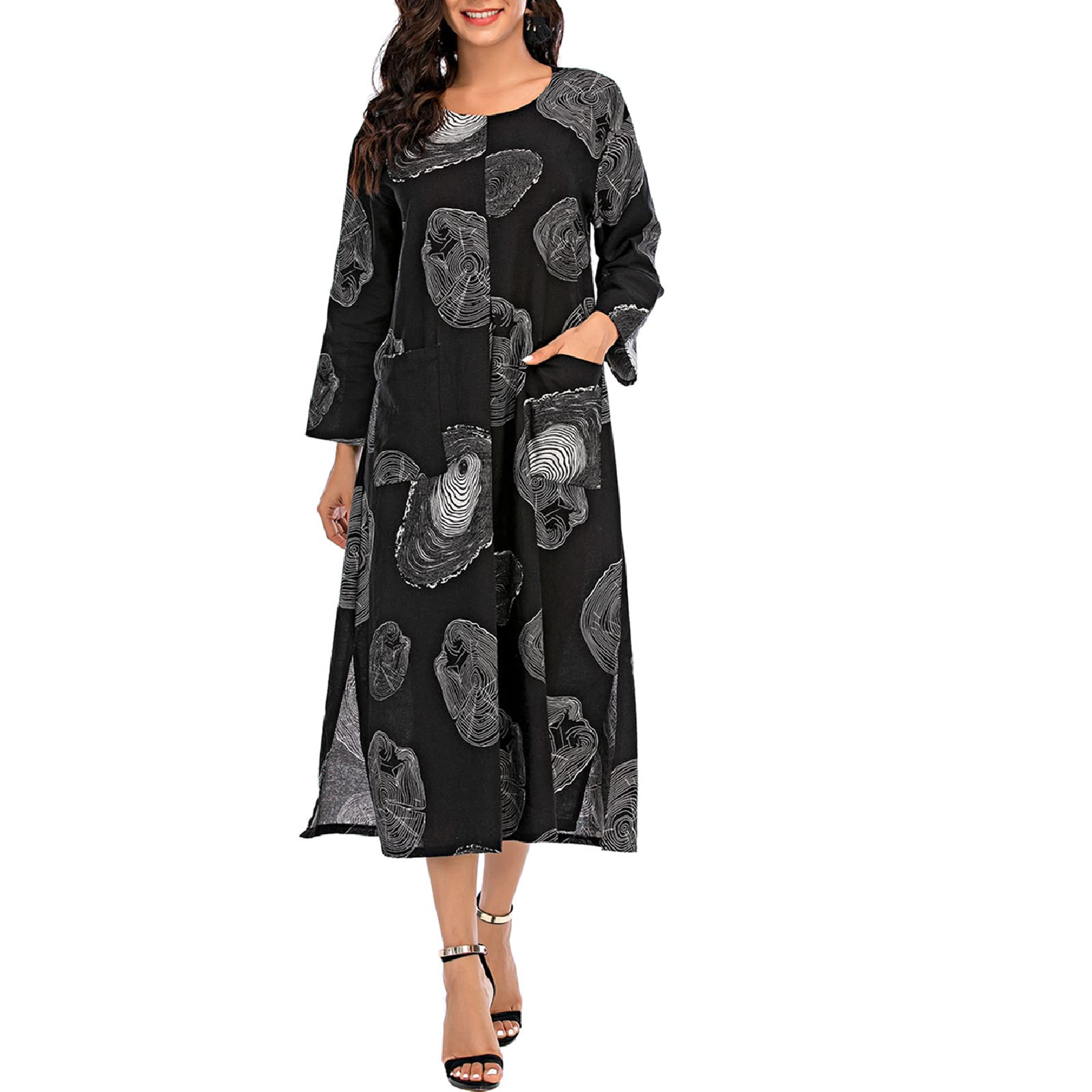Amropi Women's Long Sleeve Floral Print Maxi Dress - Loose Fit Casual Boho Summer Dress for Beach, Vacation & Everyday Wear