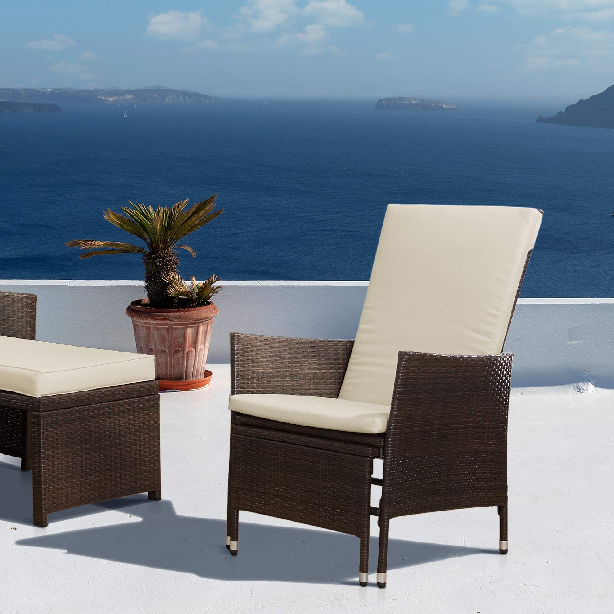 Teamson Home Outdoor PE Rattan Patio Lounge Chair with Ottoman & White Weatherproof Cushions - Brown - Perfect for Patio, Deck, Garden, Poolside, Balcony or Sunroom Relaxation