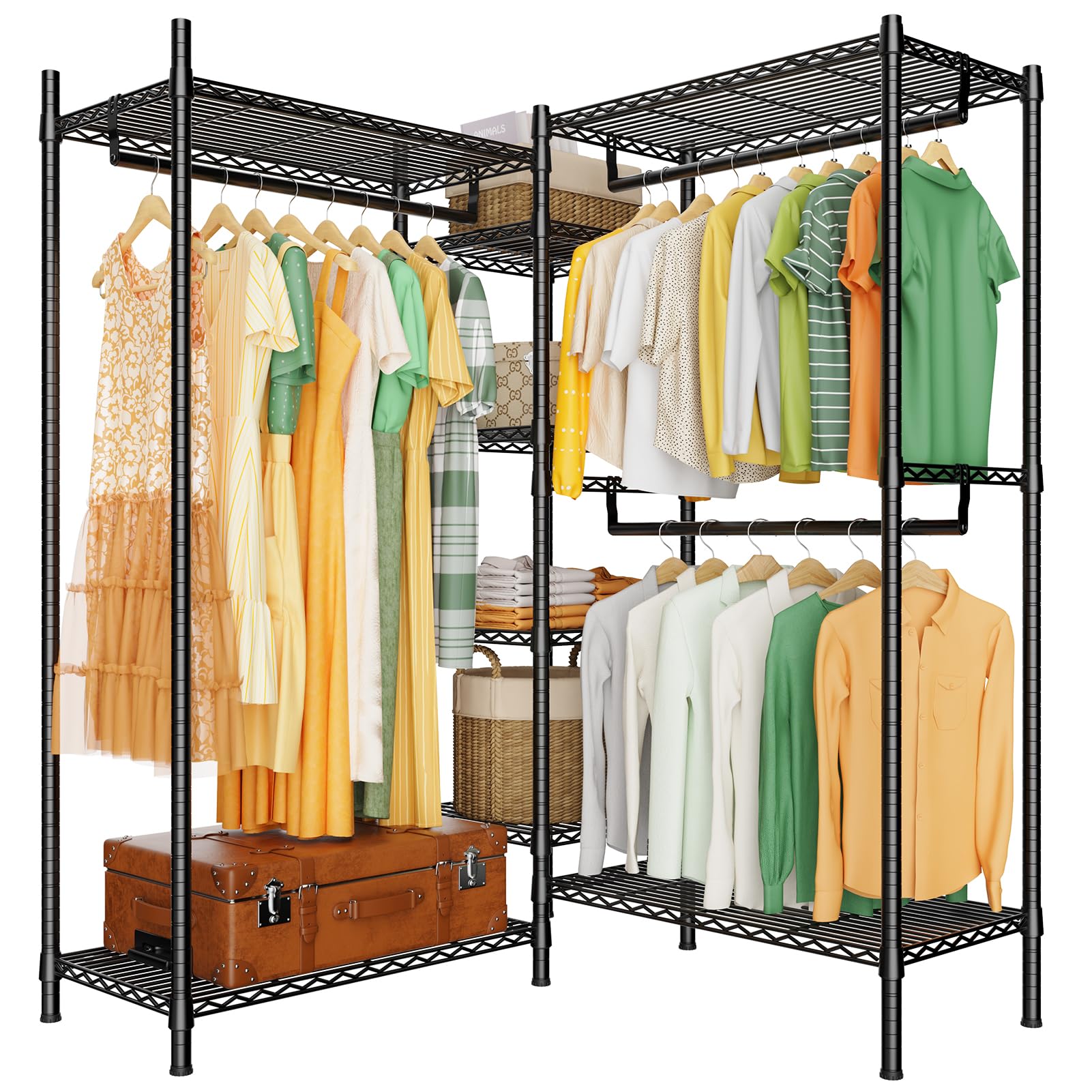 LEHOM G6M Heavy Duty Clothes Rack - Portable Garment Rack with Storage Shelves, Freestanding Metal Clothing Rack Wardrobe for Bedroom Closet Organization (Medium Size) - Perfect for Small Spaces, Laundry Rooms & Dorm Storage