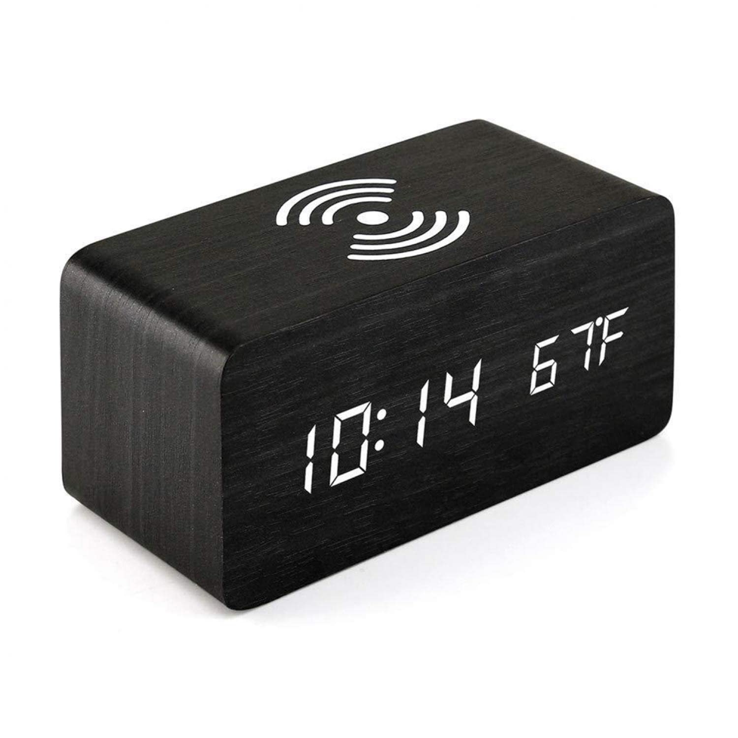 HOHOVYVY Digital Alarm Clock with 10W Fast Wireless Charger for iPhone & Android - USB Charging Port, Dimmable LED Display, Battery Backup & Speaker - Wooden Bedside Clock for Home, Office & Travel (White)