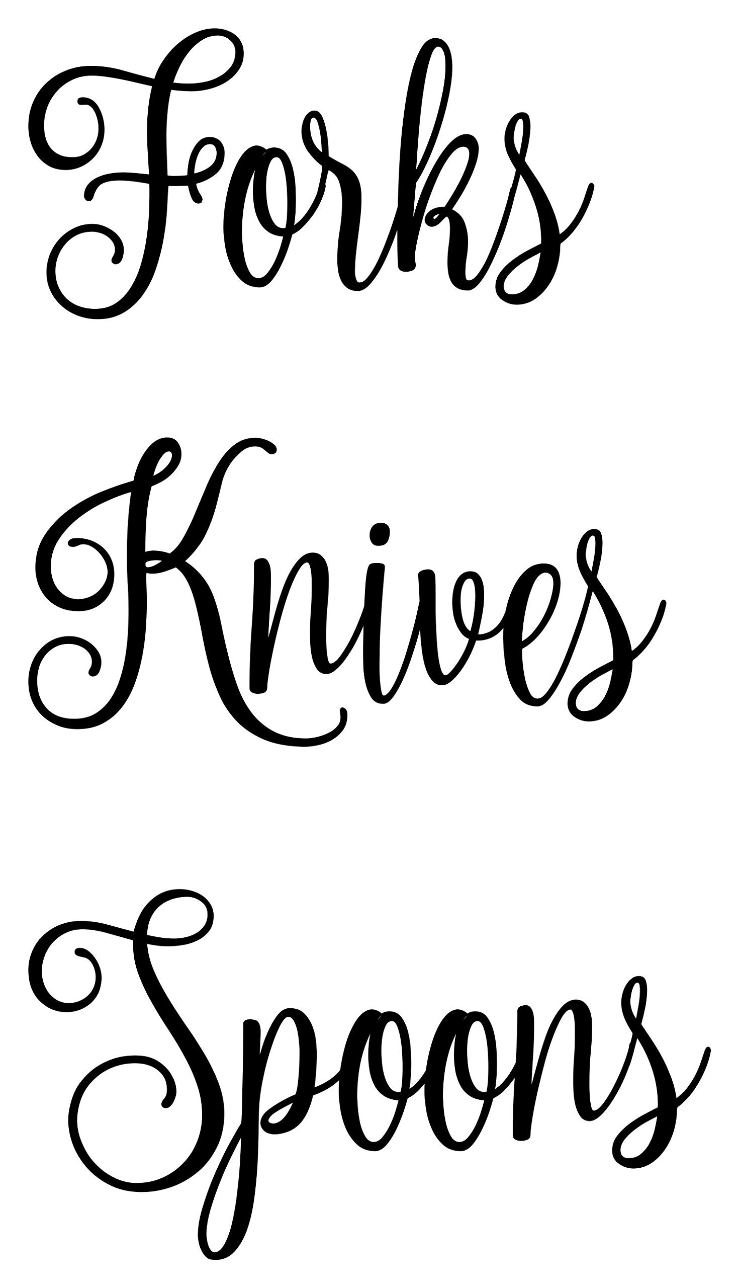 2-2.5 Inch Tall Kitchen Pantry Labels - Black Fancy Font Vinyl Decals for Forks, Knives & Spoons Organization | Durable Die-Cut Stickers for Drawers, Cabinets & Storage Containers
