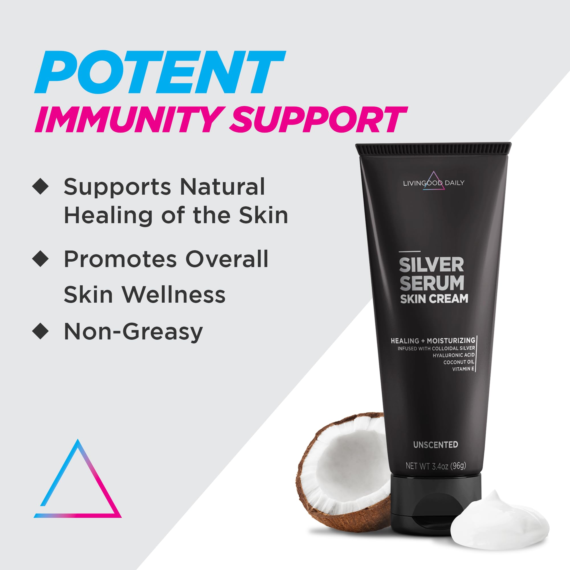 Livingood Daily Silver Serum Moisturizing Body Cream with Colloidal Silver, Hyaluronic Acid & Vitamin E | Hydrating Unscented Skin Care for Dry Skin | Perfect for Daily Use, After Shower & Night Routine - 3.4 oz