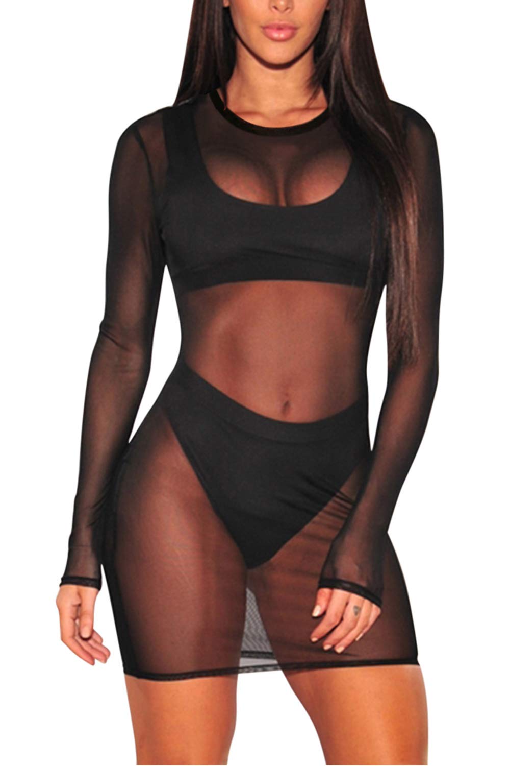COCOLEGGINGS Women's Sheer Mesh Long Sleeve Beach Cover Up Dress - Sexy Swimwear Cover Up, Lightweight See-Through Lace Dress for Pool Party, Vacation & Summer Outfits