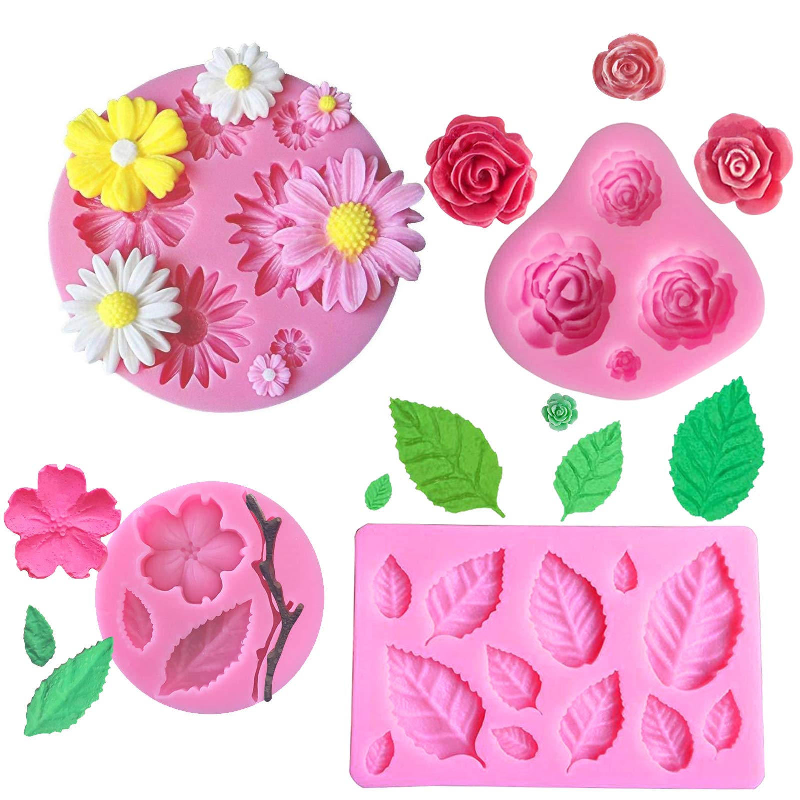 4Pcs Mini Flower Silicone Molds Set - Rose, Daisy, Peach & Leaf Shapes for Chocolate, Fondant, Clay & Soap Crafting | Perfect for Cake Decorating, Candy Making & DIY Crafts