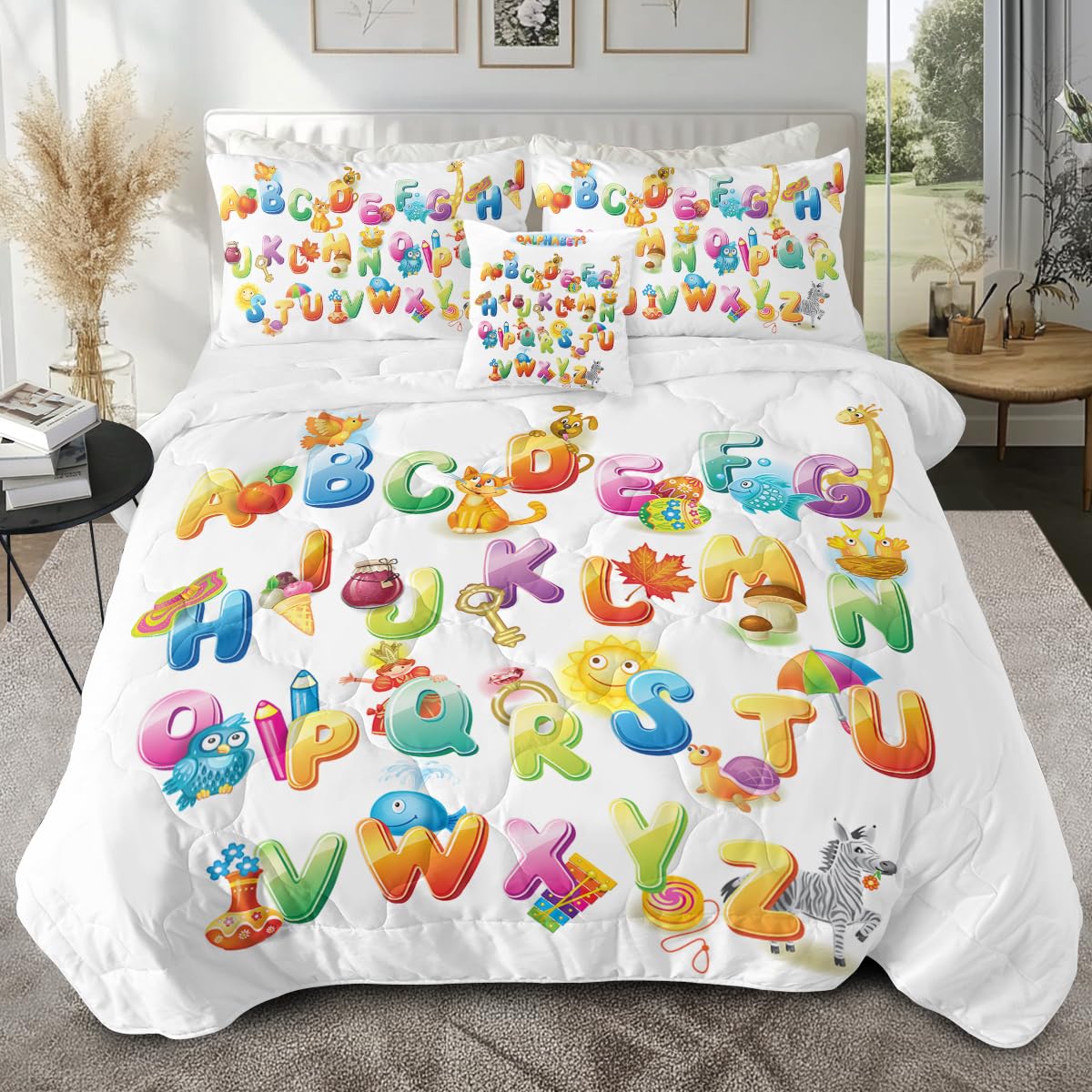 **Sleepwish Full Size 4-Piece Kids Comforter Set - Colorful Cute Alphabet Design, Reversible Comforter, 2 Pillow Shams & Cushion Cover - Soft Bedding for Boys & Girls Room, Teen Bedroom Decor**    *(Perfect for Kids' Bedrooms, Dorm Rooms, Sleepovers & Cozy Teen Decor)*