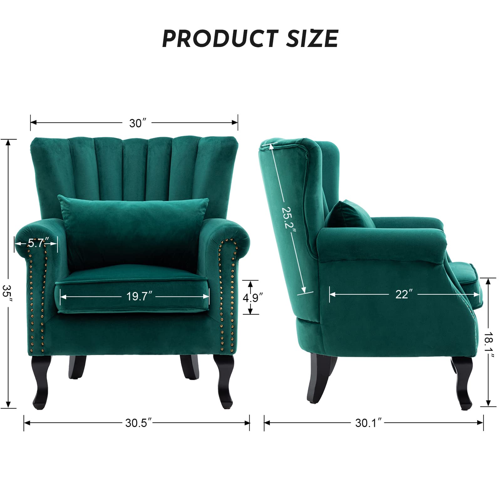 Midcentury Modern Accent Reading Arm Chair - Tufted Wingback Club Chair with Velvet Upholstery for Living Room, Bedroom & Reception - Comfy Corner Sofa Chair for Relaxing & Waiting Areas