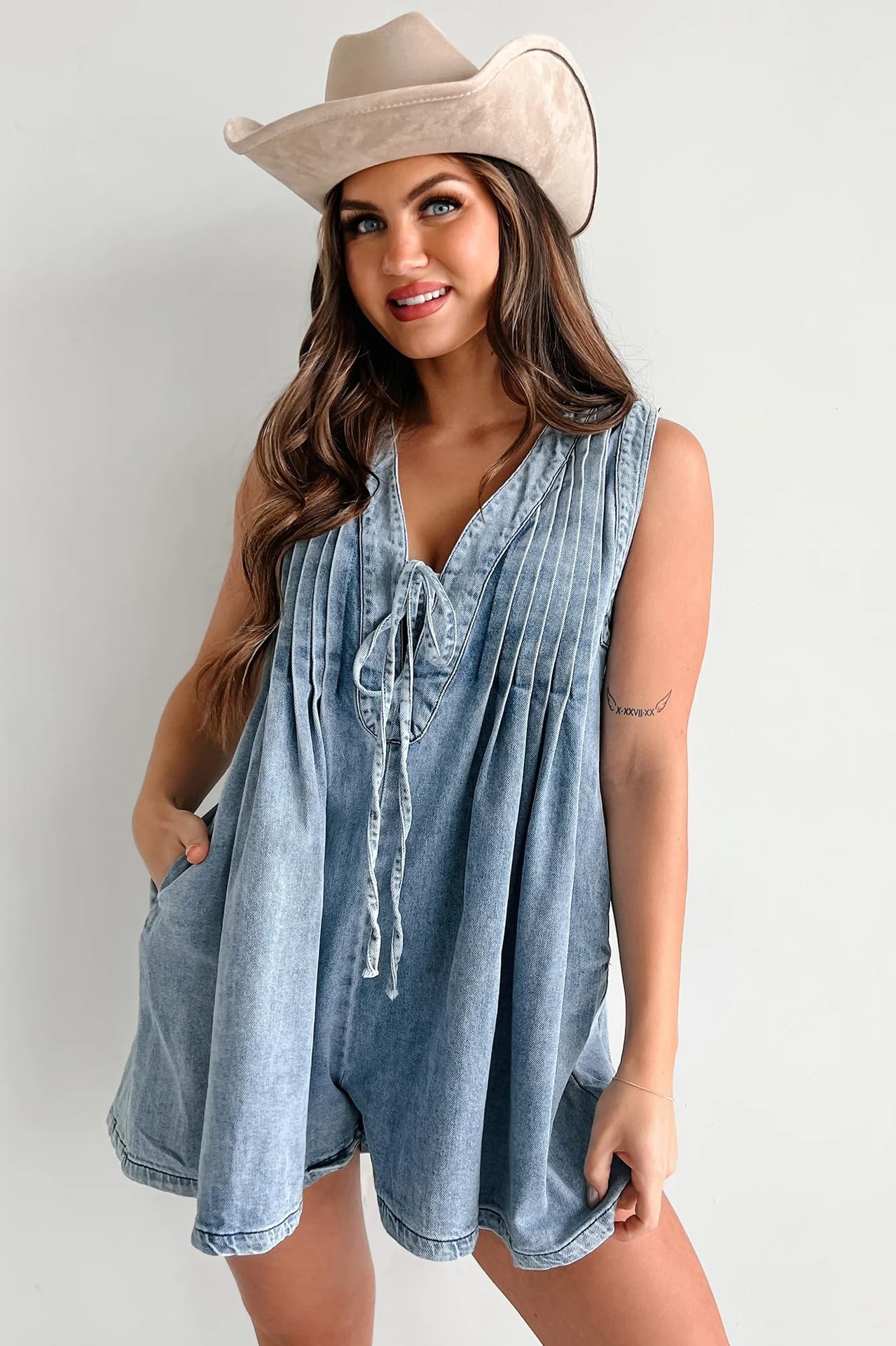 Yoeasy Women's Sleeveless V-Neck Denim Romper - Tie Front Ruffle Jean Short Overalls with Pockets | Summer Casual Outfit, Beach Wear, Street Style Fashion