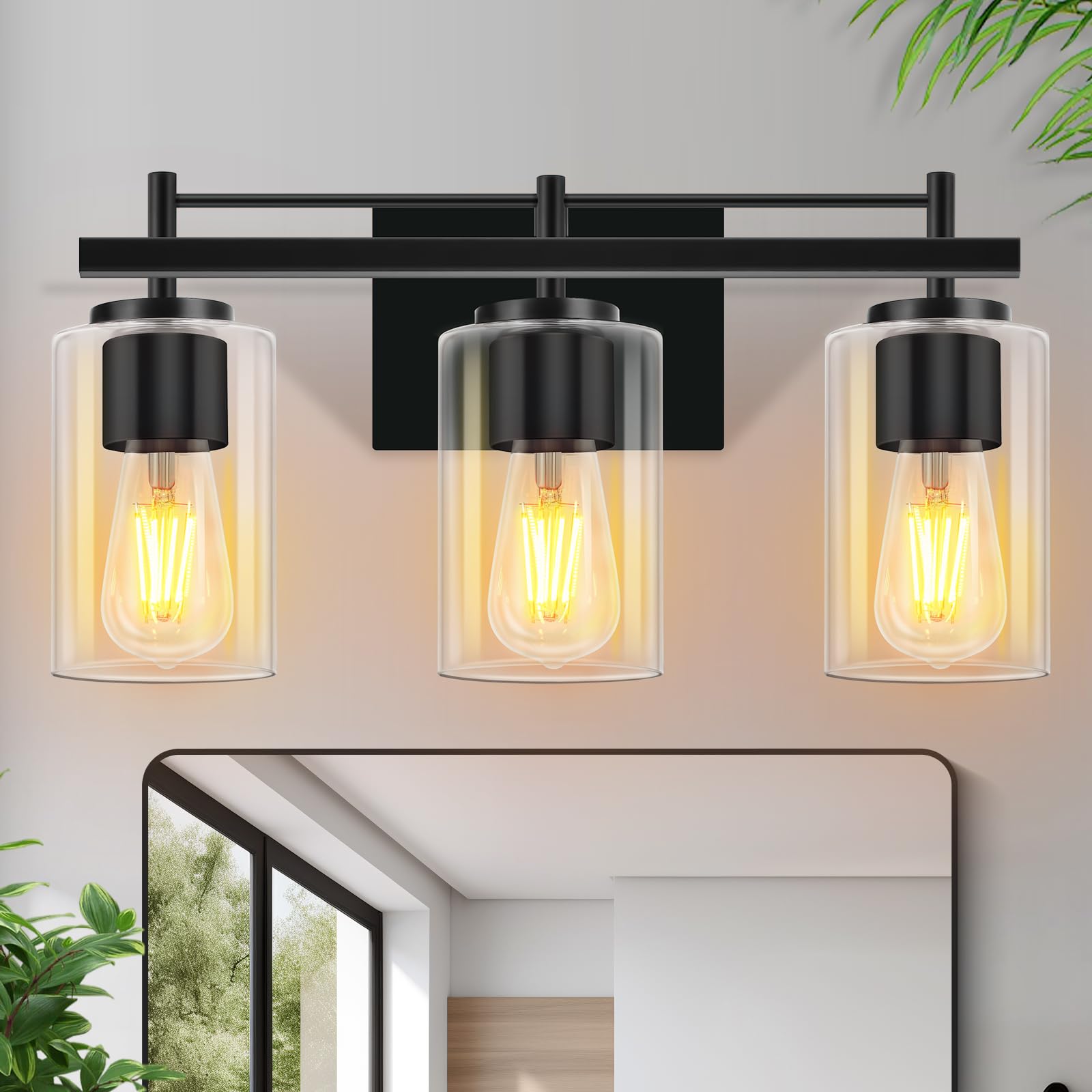 Modern Black 3-Light Bathroom Vanity Wall Sconce with Clear Glass Shade - Matte Finish Wall Mounted Lighting Fixture for Mirror, Bedroom, Hallway & Bathroom Decor