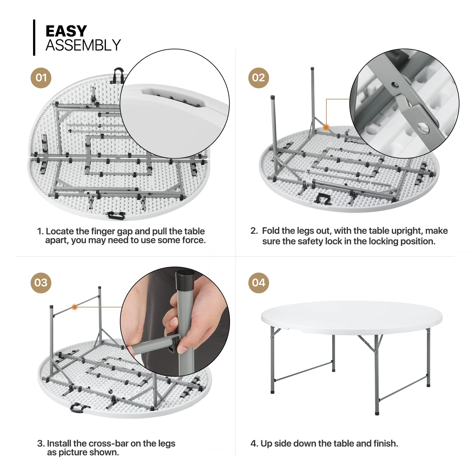 MoNiBloom 5.5 Foot Round Folding Table - Portable Plastic Dining Table with Handle & Lock for Indoor Outdoor Use - Perfect for Picnic, Party, Banquet, Wedding (White)