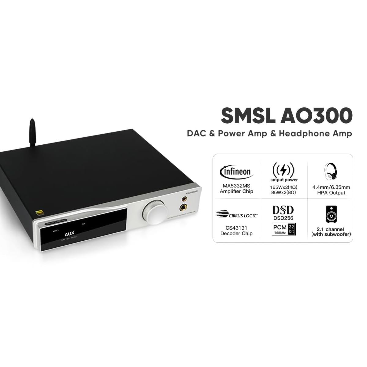 SMSL AO300 MA5332MS 165W Class D Amplifier with CS43131 DAC | USB/Coax/Optical/BT/HDMI ARC/RCA Inputs | 4.4mm/6.35mm Headphone & Subwoofer Output | Hi-Fi Stereo Audio System (Black) - Perfect for Home Theater, Gaming & Music Listening