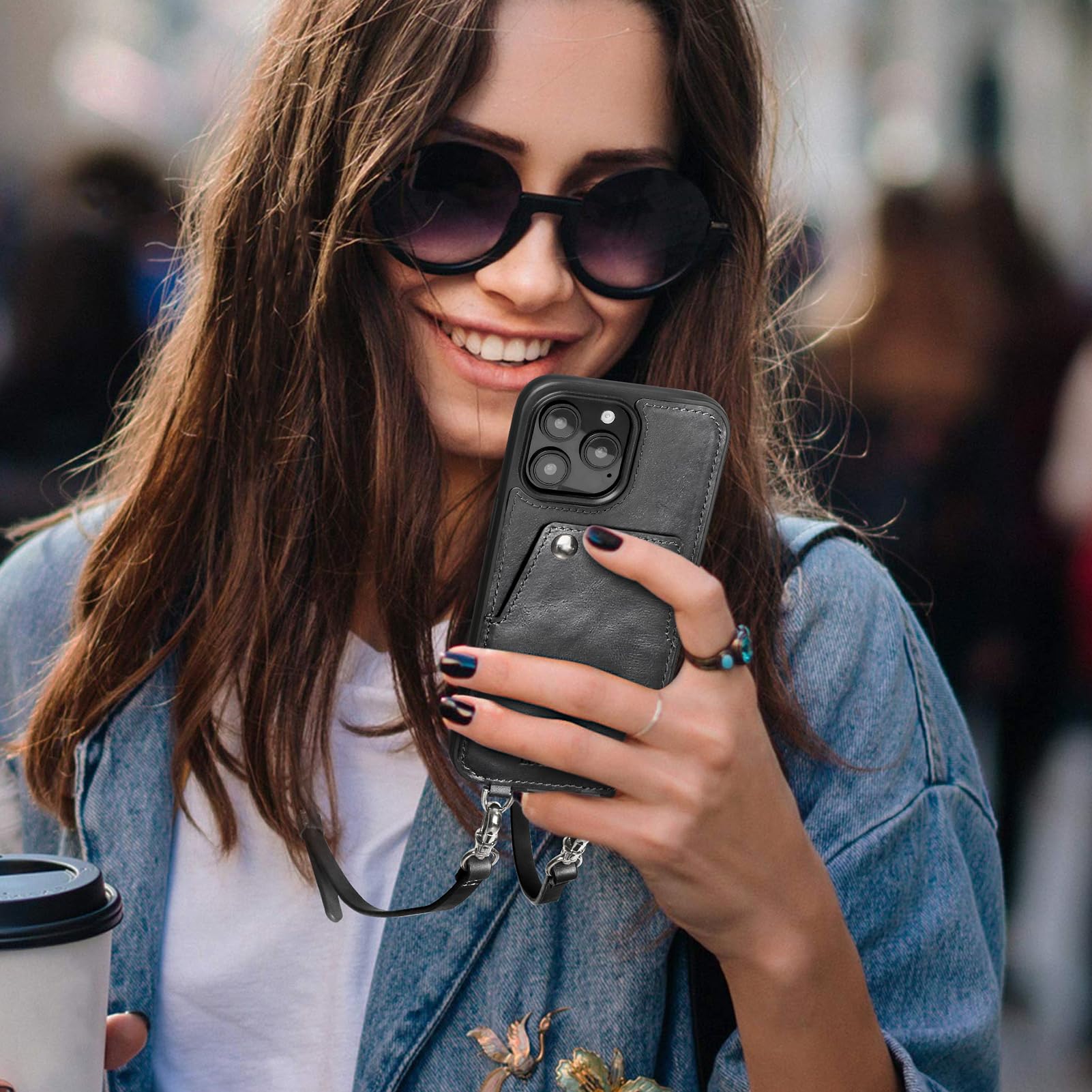 Premium Leather Wallet Phone Case for iPhone 16 Pro Max - Women's Crossbody Lanyard Purse with Flip Card Holder, Pouch Clip & Adjustable Wrist Strap (Black) | Perfect for Everyday Use, Travel & Hands-Free Convenience