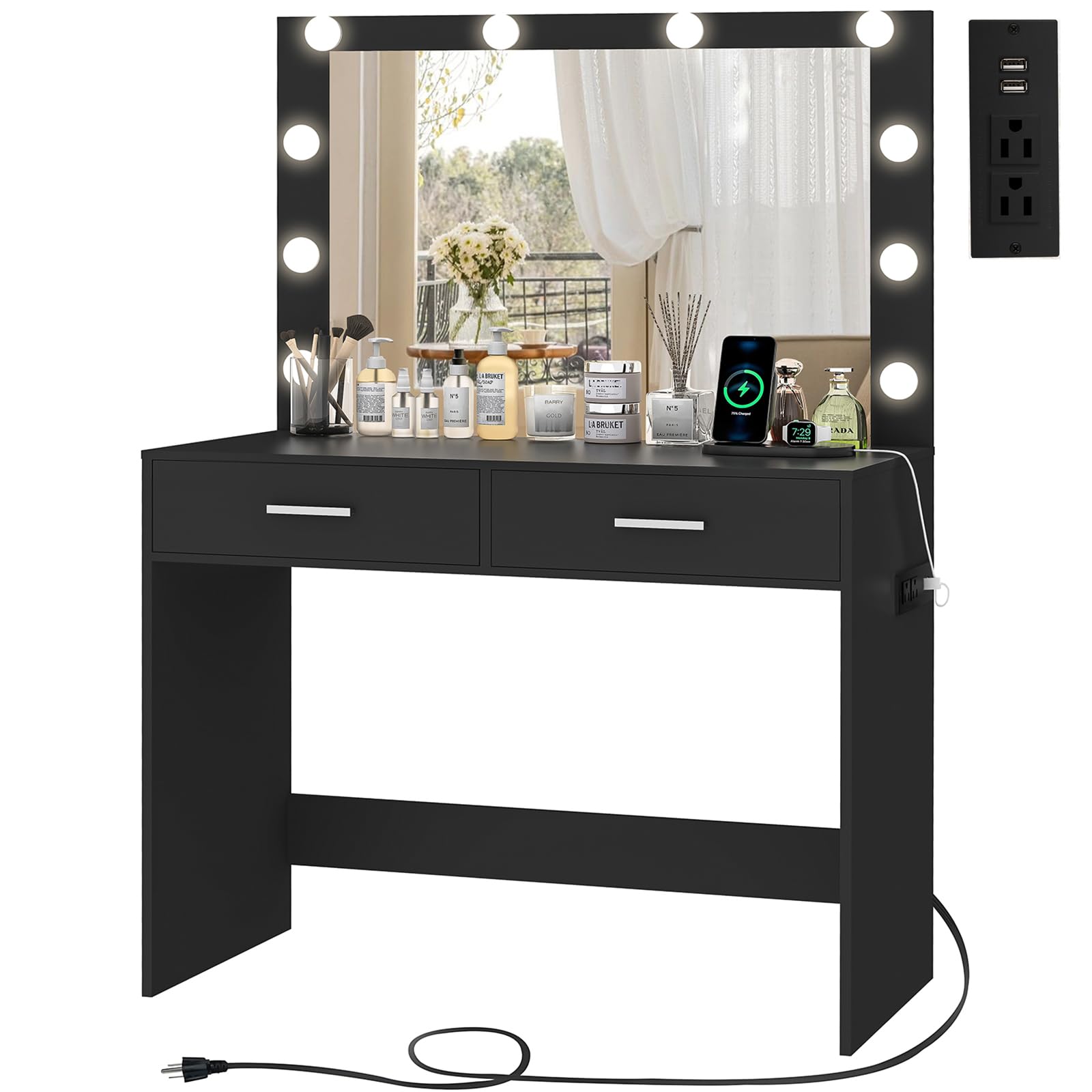 USIKEY Makeup Vanity Desk with Large LED Mirror - 10 Lights, 2 Drawers & Built-in Power Outlet | Dressing Table for Women & Girls | Perfect for Bedroom Decor & Beauty Routine (Black)