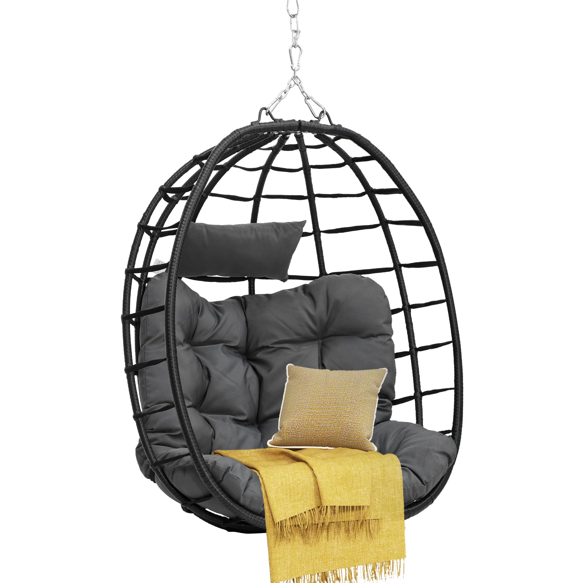 DWVO Egg Hanging Swing Chair - 330lbs Capacity Wicker Hammock with Cushions for Indoor & Outdoor Use - Perfect for Patio, Garden, Balcony or Bedroom Relaxation - Dark Gray (Stand Not Included)