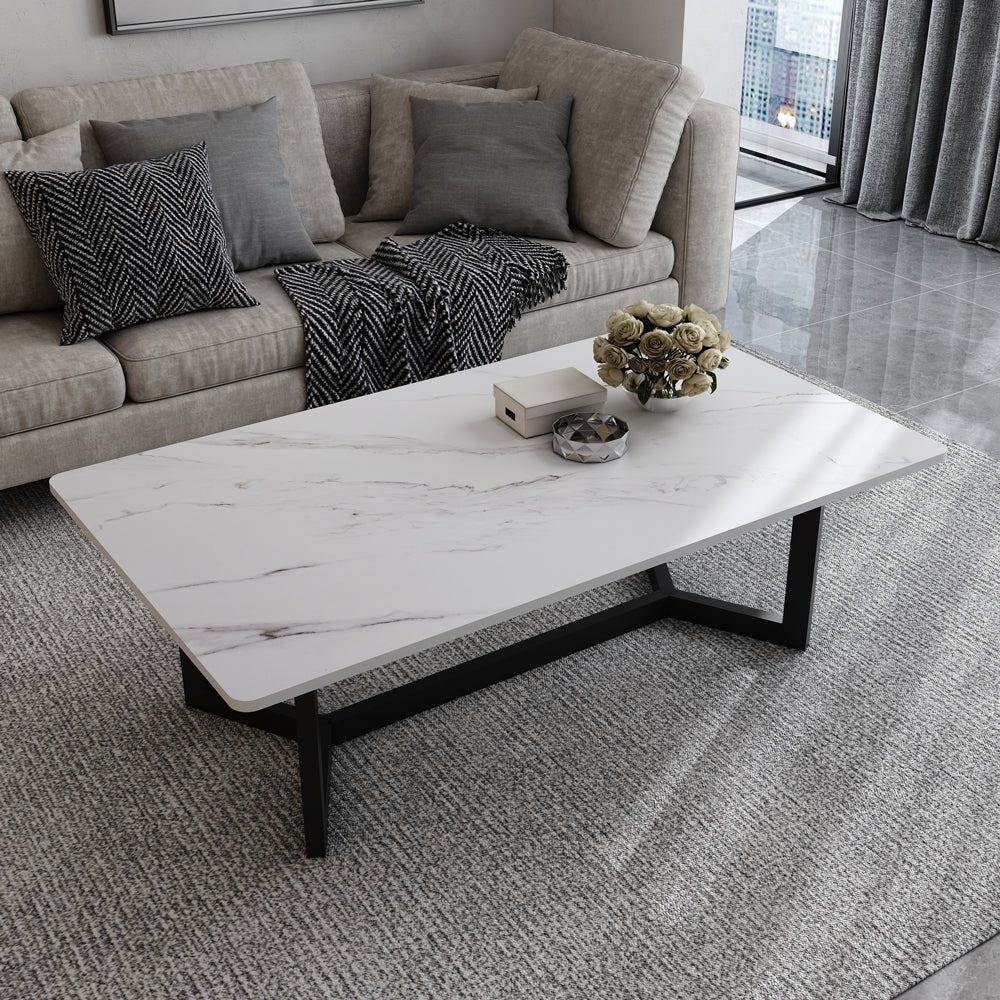 120x60cm Glossy White Minimalist Slate Coffee Table - Modern Marble Tea Table for Living Room, Rectangle Cocktail Side Table with Solid Metal Legs - Perfect for Small Spaces, Apartments & Lounge Decor